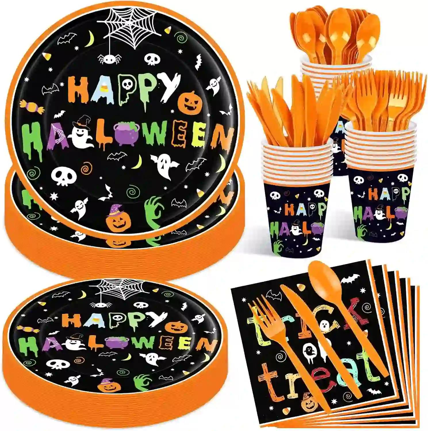 Jremreo 175 Pcs Happy Halloween Disposable Plates Napkins Cups Cutlery Tableware Set