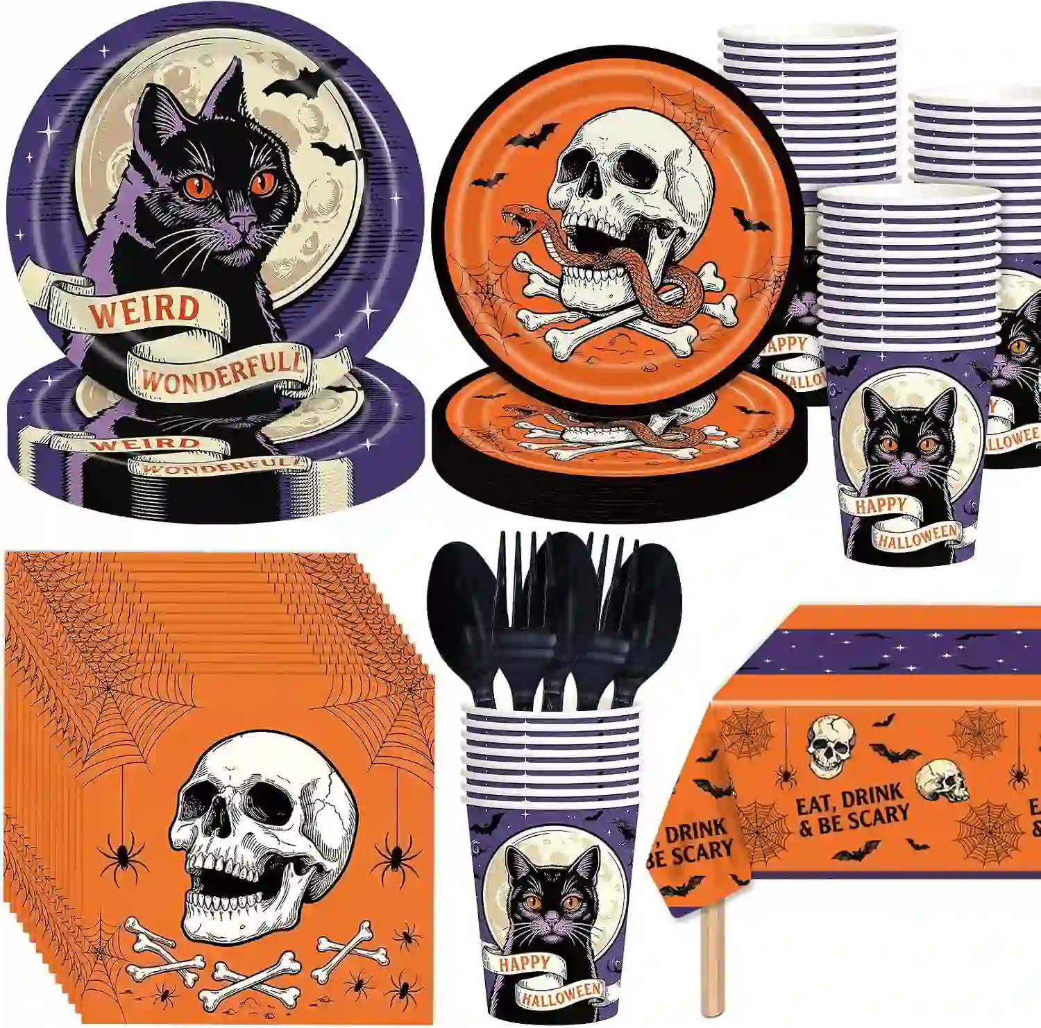 Gistome 145 Pcs Spooky Halloween Party Tableware Set Black Cat Skull Disposable Supplies Serves 24