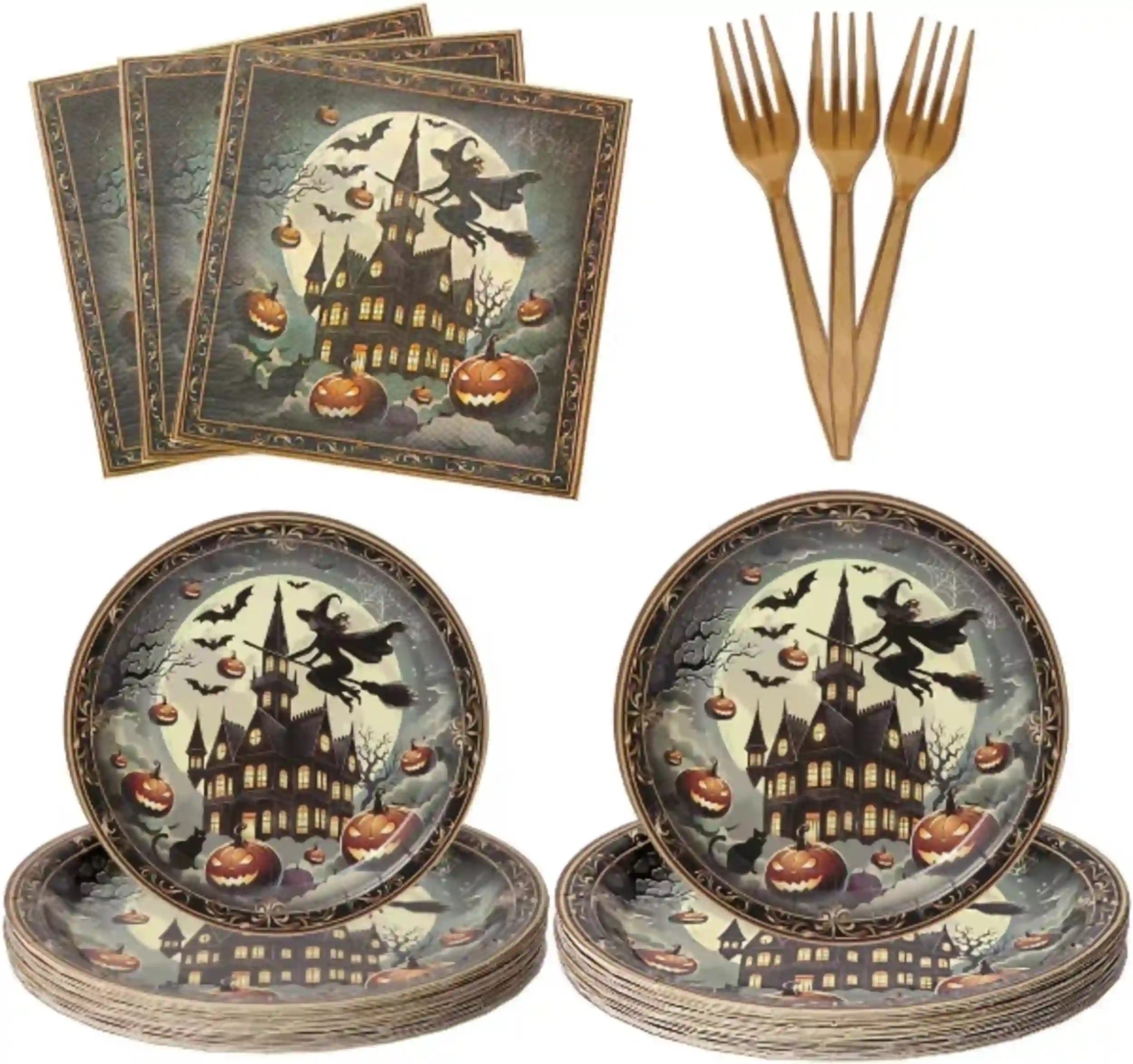 Zyzyphor 25 Sets Gold Halloween Party Disposable Tableware Dinner Plates Napkins Forks Set