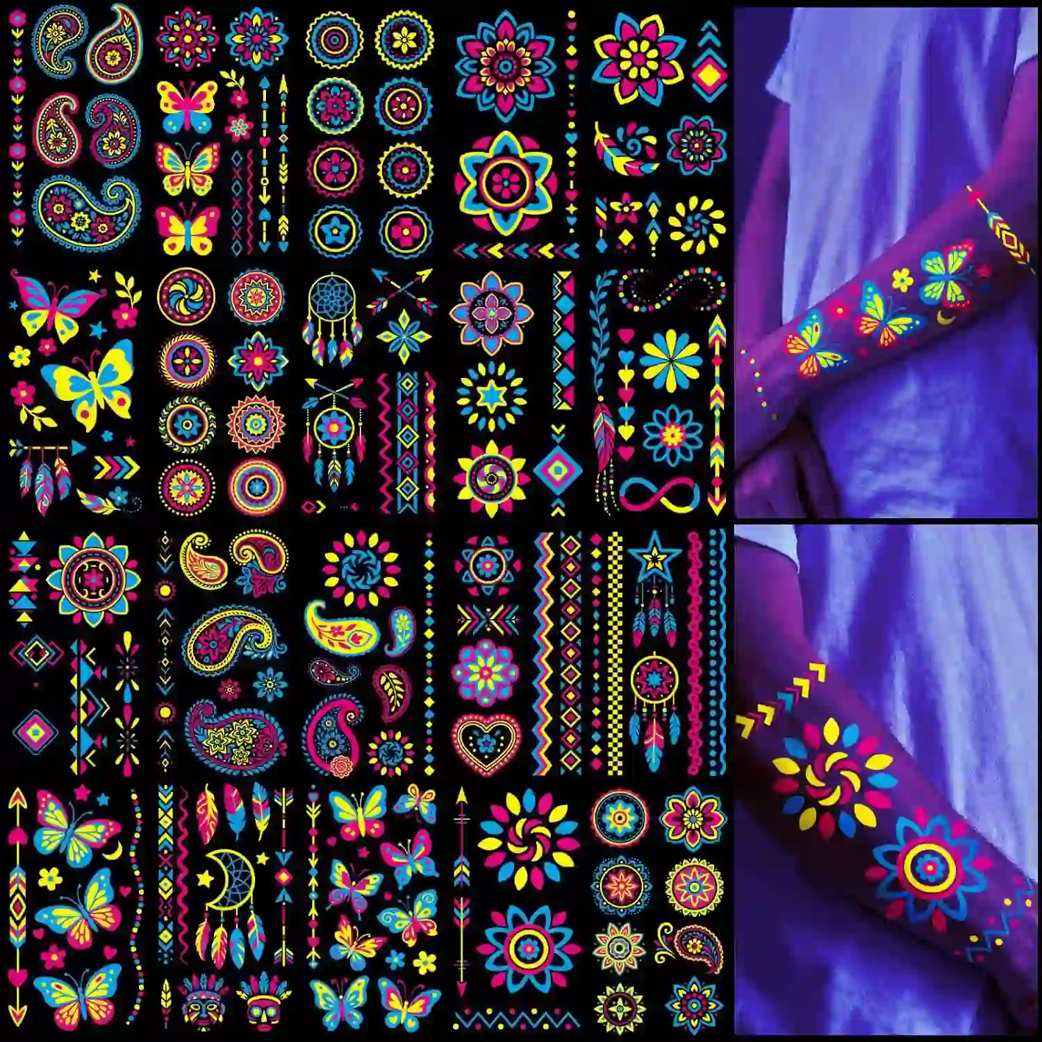 Atydkug Glow in the Dark Temporary Tattoos 256+ PCS Neon UV Body Art Set