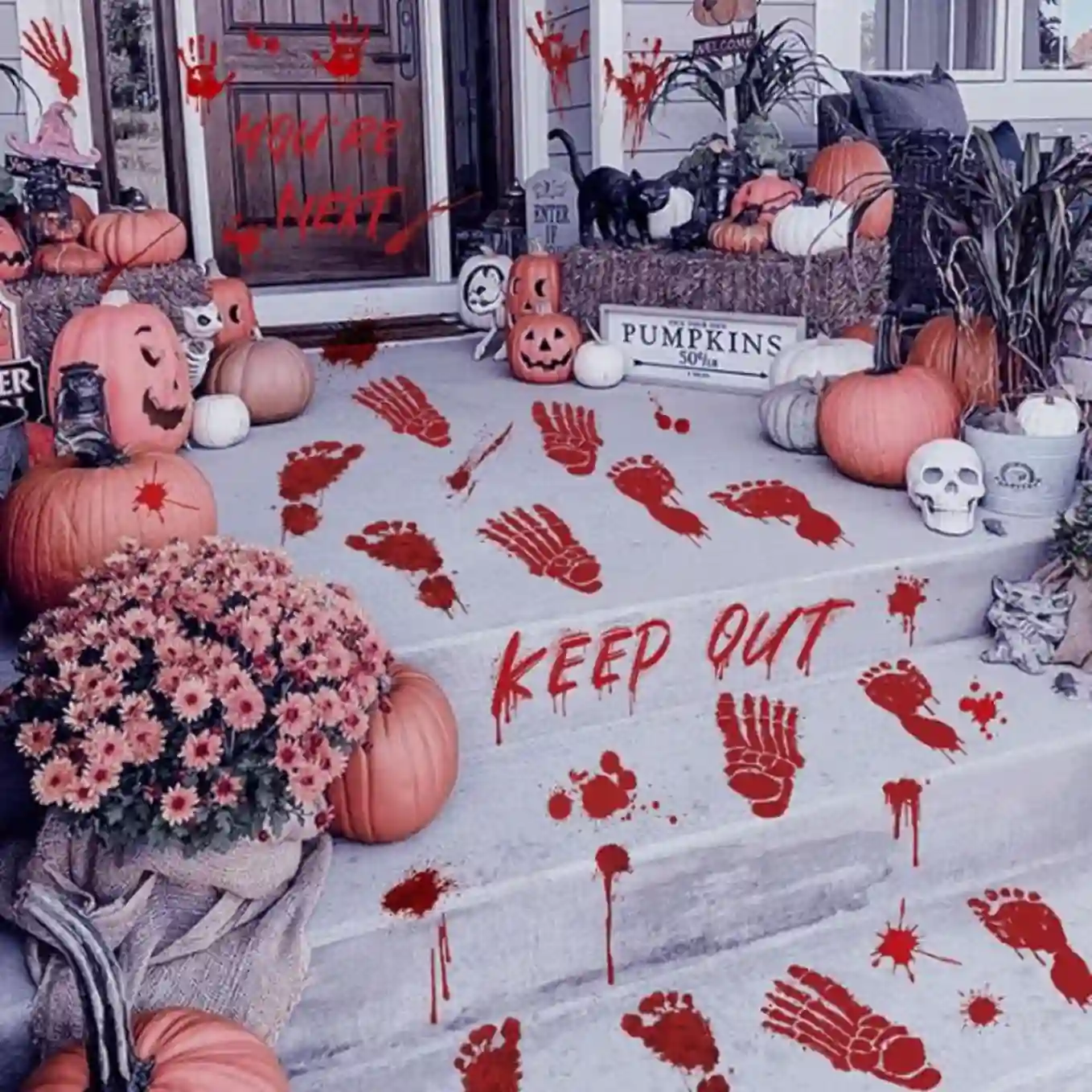 BCUEIDO 105 Pcs Bloody Halloween Footprints Floor Stickers and Handprint Window Stickers