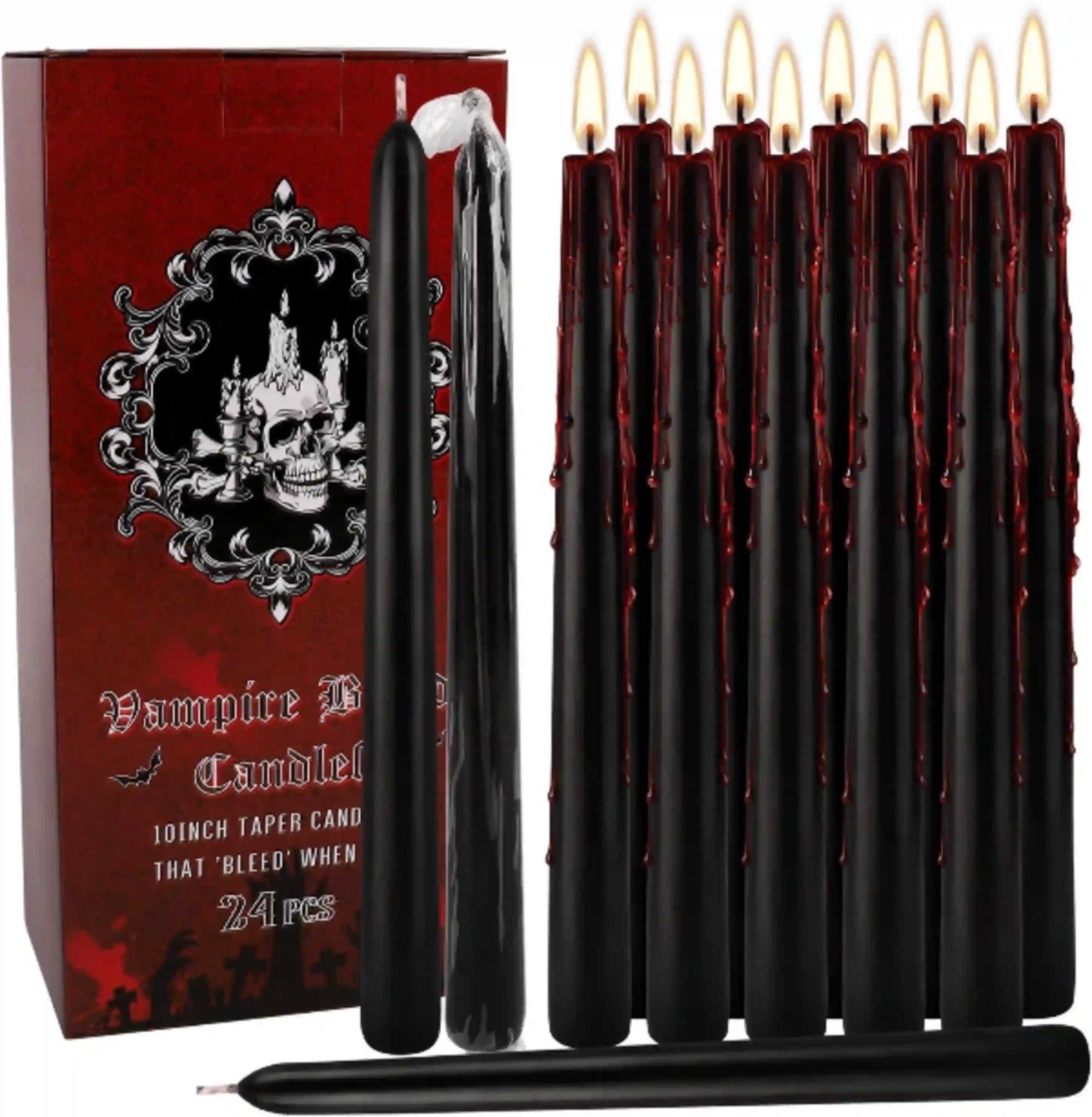 24 Pack 10-Inch Black Bleeding Taper Candles Vampire Tears Dripping Effect