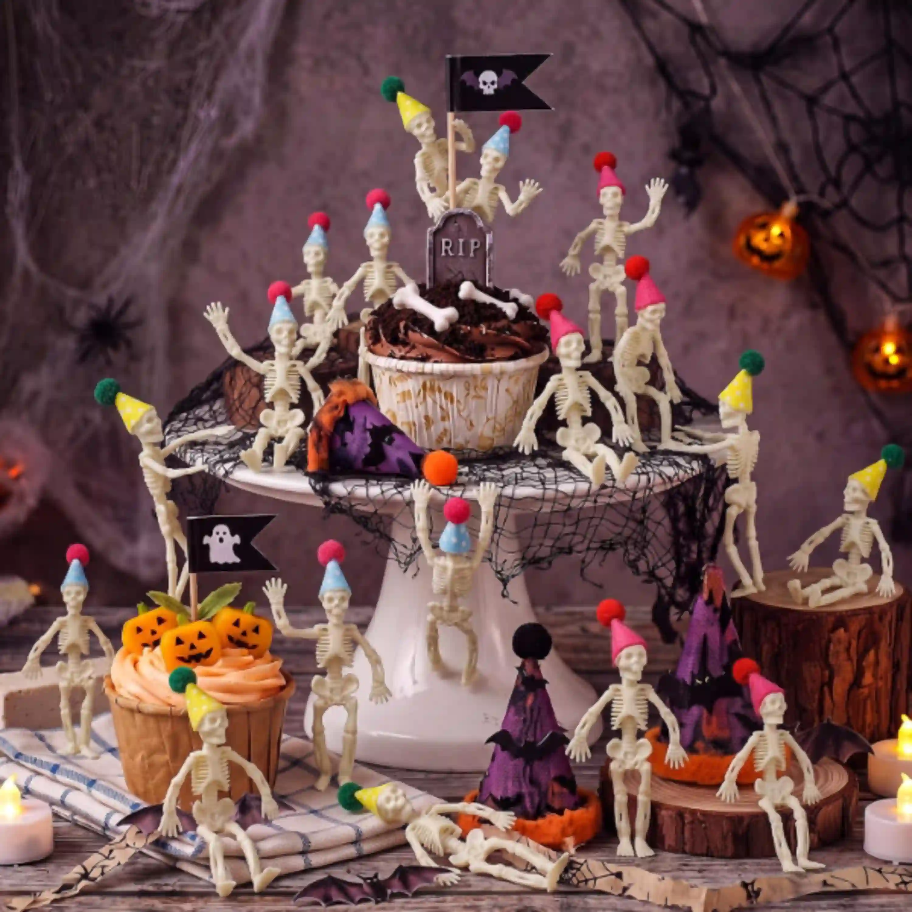 Bucherry 24 Pcs 3 Inch Mini Skeleton Figurines Halloween Cake Decorations