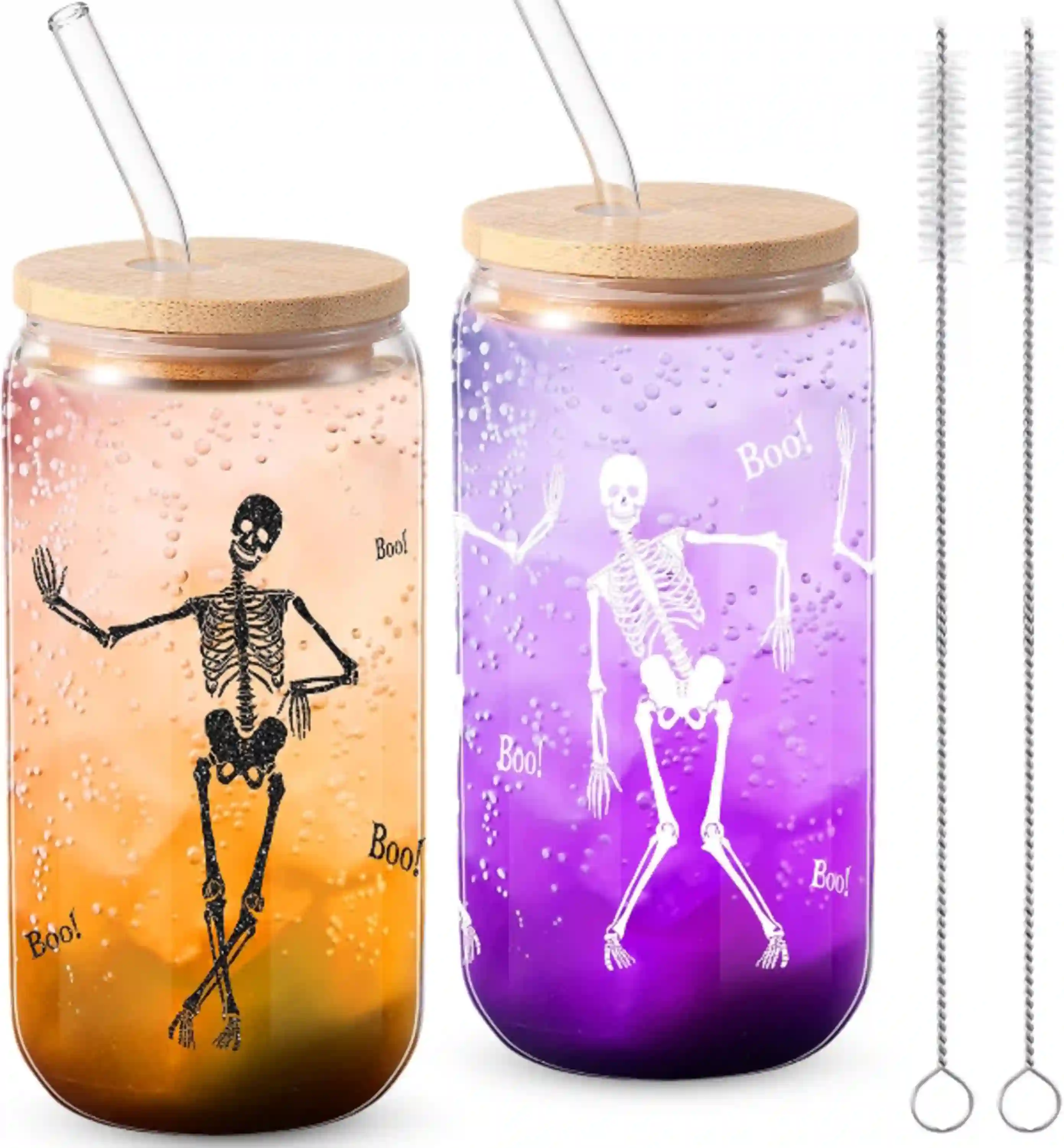 Zhehao Set of 2 Halloween Skeleton Glass Cups with Lids and Straws 16 oz