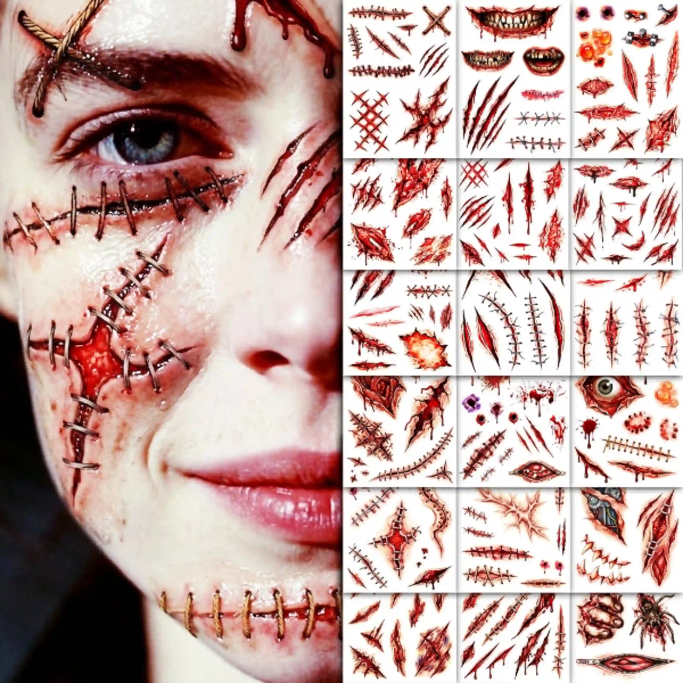 CHARLENT 18 Large Sheets Halloween Fake Scar Temporary Tattoos for Face and Body