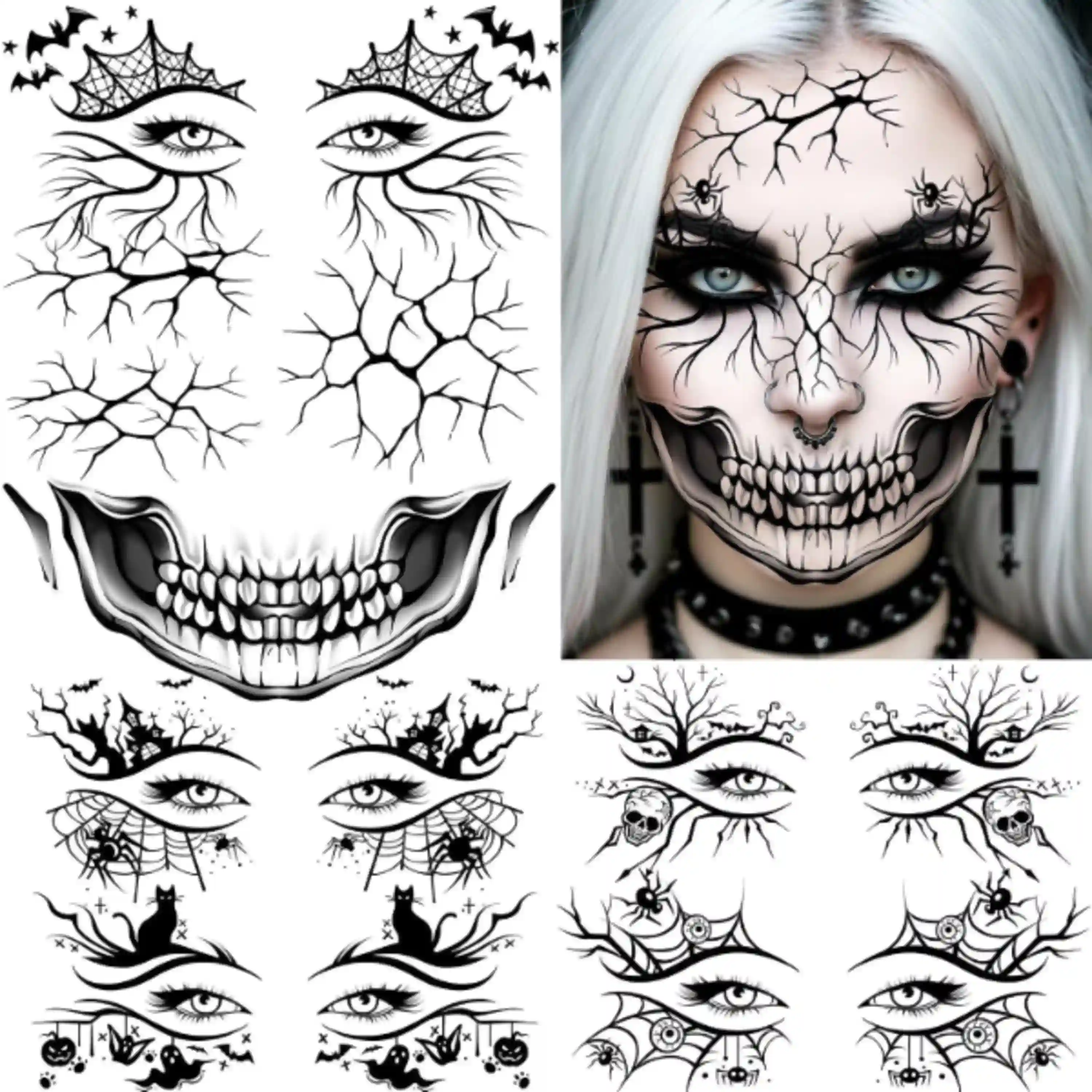 FANRUI 7 Sheets Scary Face Halloween Temporary Tattoos Eyelid Eyeliner Spiderweb Fake Tattoos