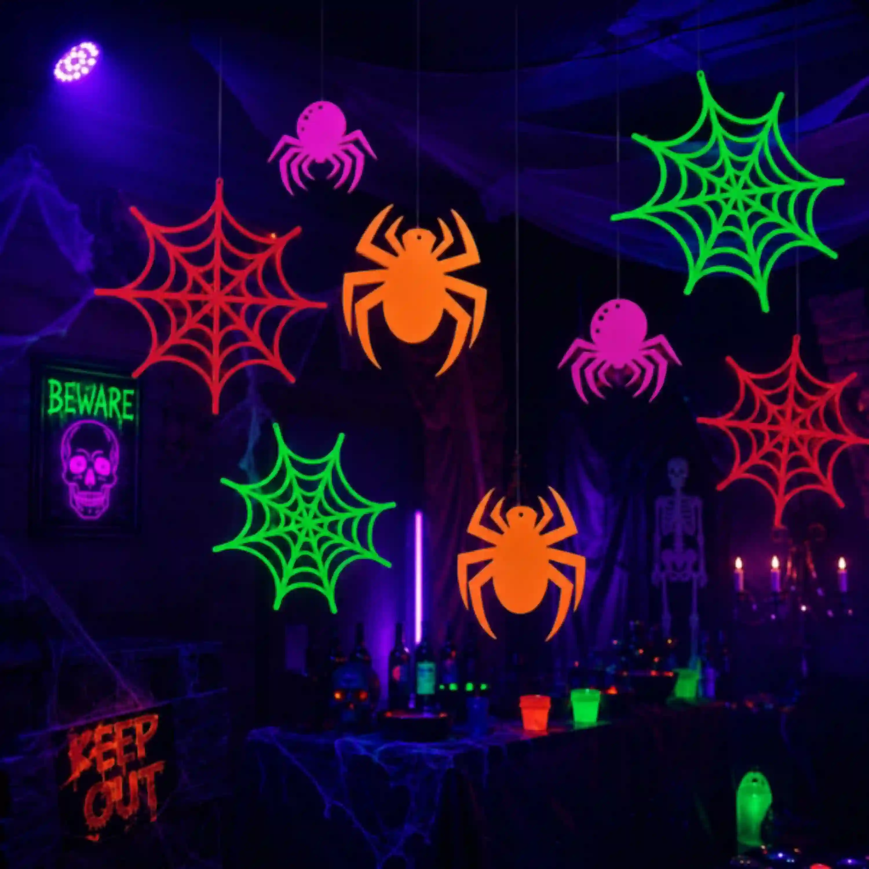 Crtiin 12 Pcs Neon Halloween Hanging Decorations Glow in Dark Spider Web Cutouts