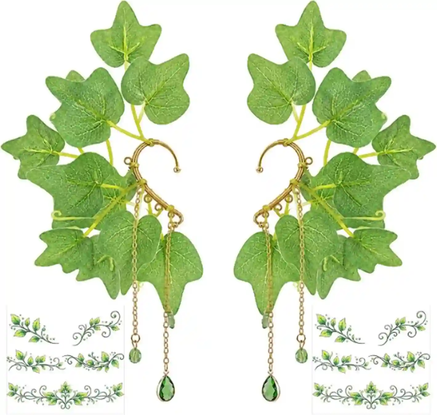 LFUTARI Halloween Fairy Elf Ear Cuffs with Poison Ivy Tattoos