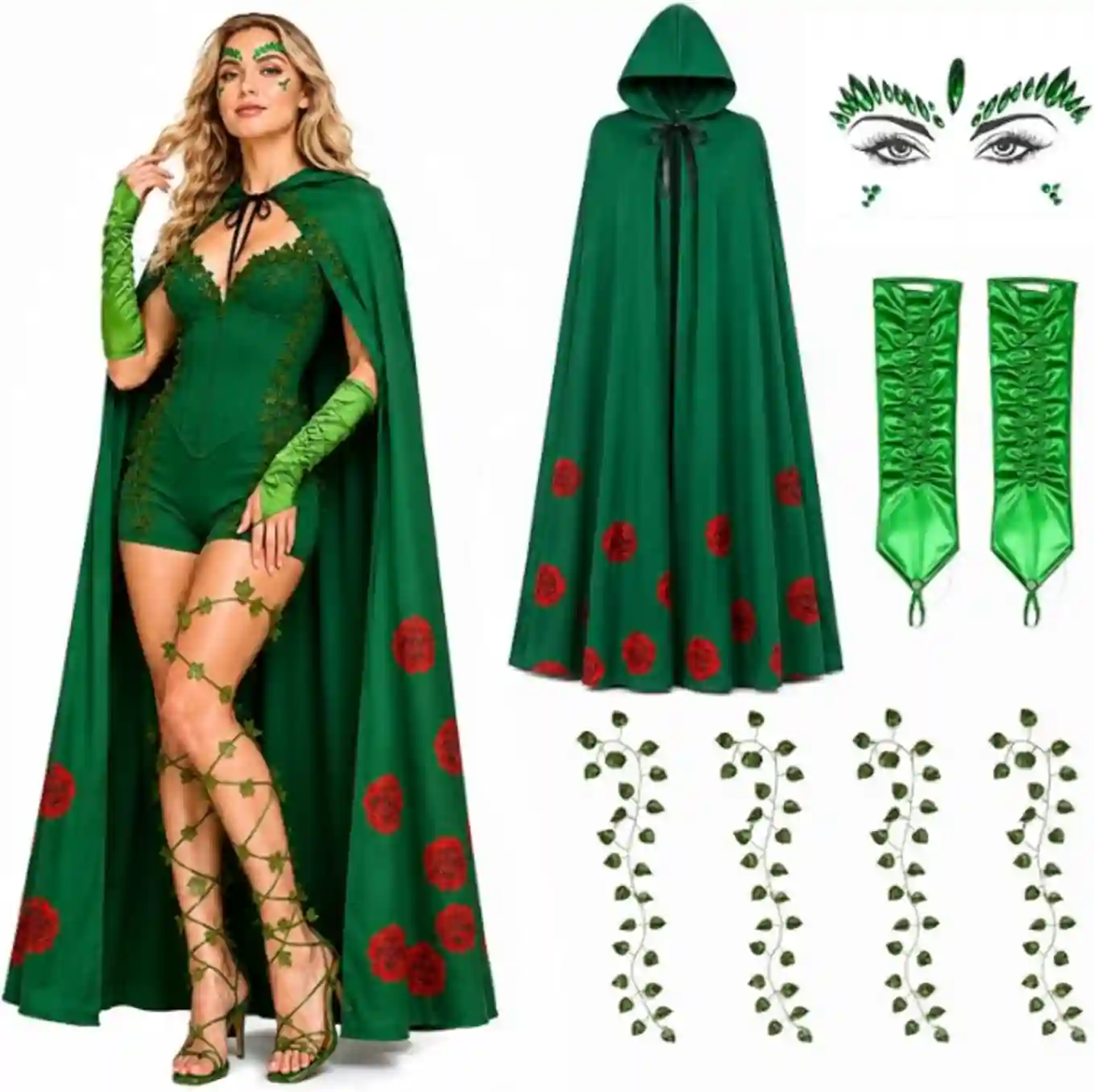 Maazusa Halloween Ivy Costume Set Nature Villain Outfit with Hooded Cape