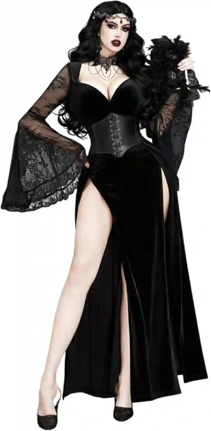 GothDark Gothic Velvet Bell Sleeve High Slit Prom Dress