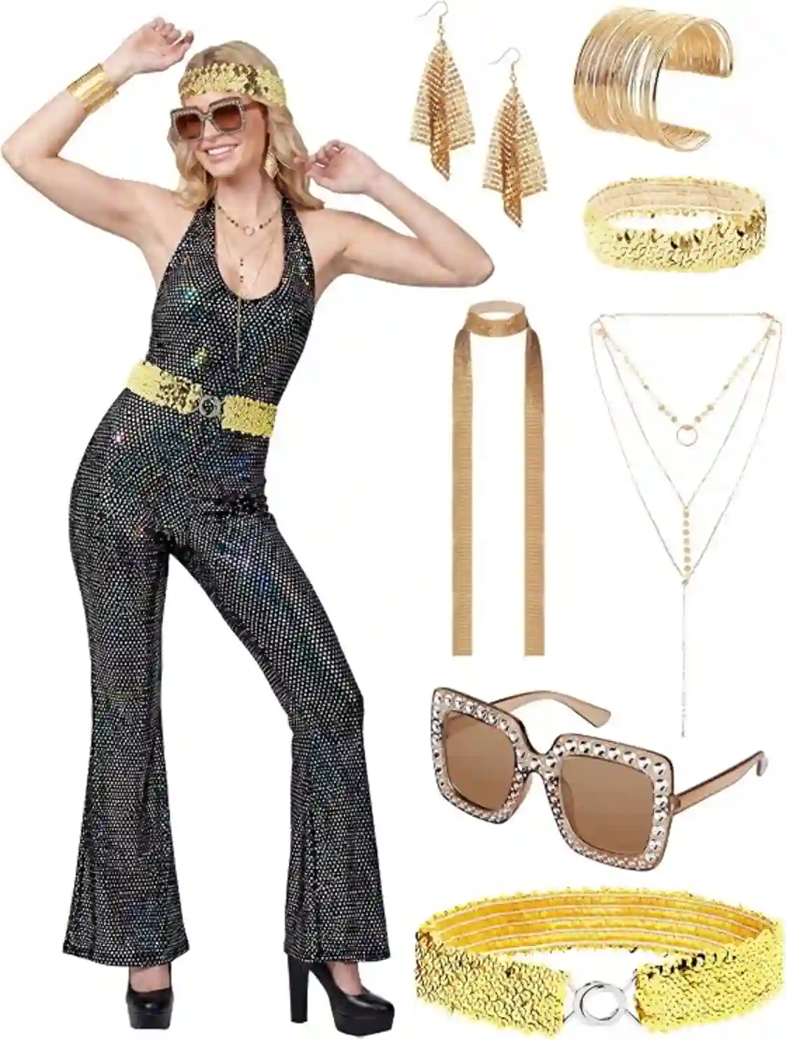 COSWEARX Women's 70s Disco Jumpsuit Costume with Retro Fashion Accessories Set