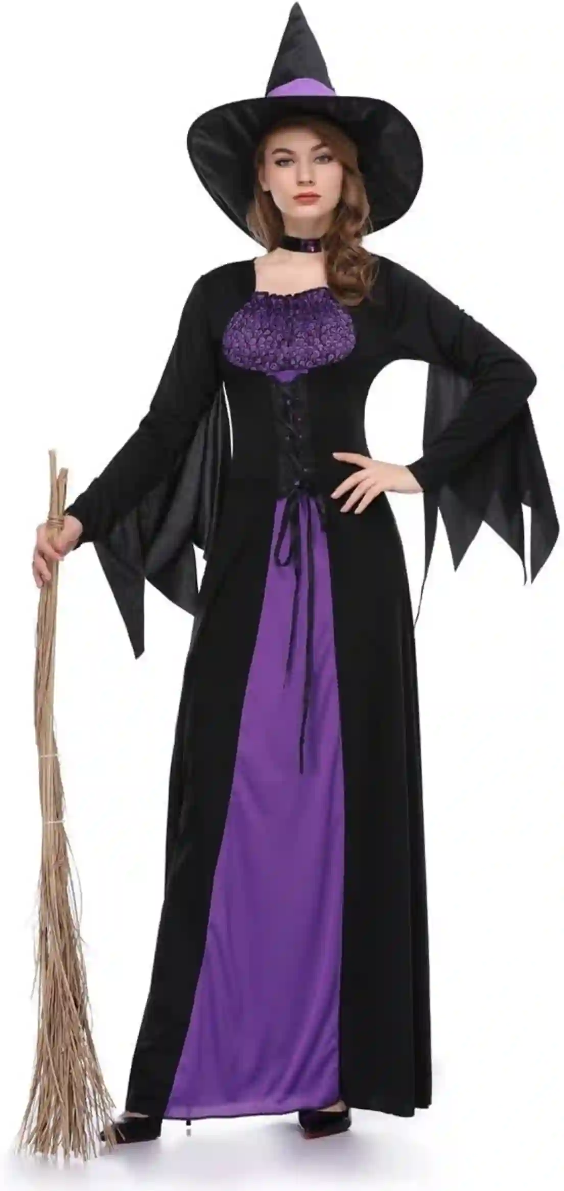 EVGVAT Women's Witch Fancy Dress Halloween Costume with Witch Hat