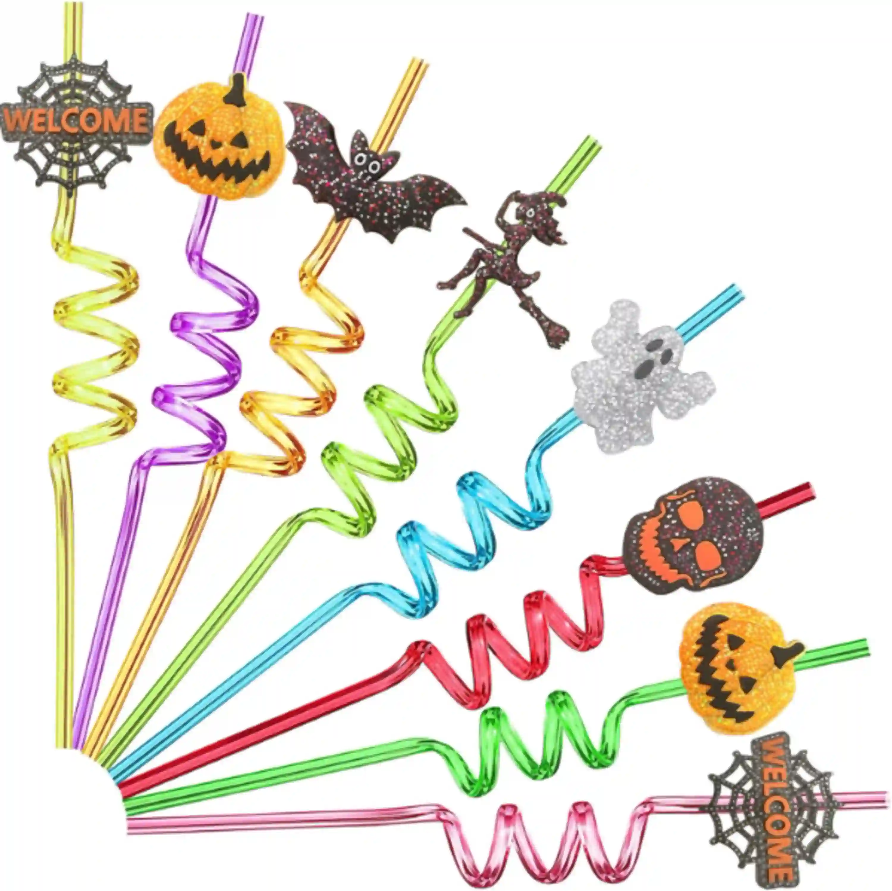 24pcs Glitter Halloween Reusable Crazy Straws with 8 Colors 6 Spooky Designs and 2 Cleaning Brushes