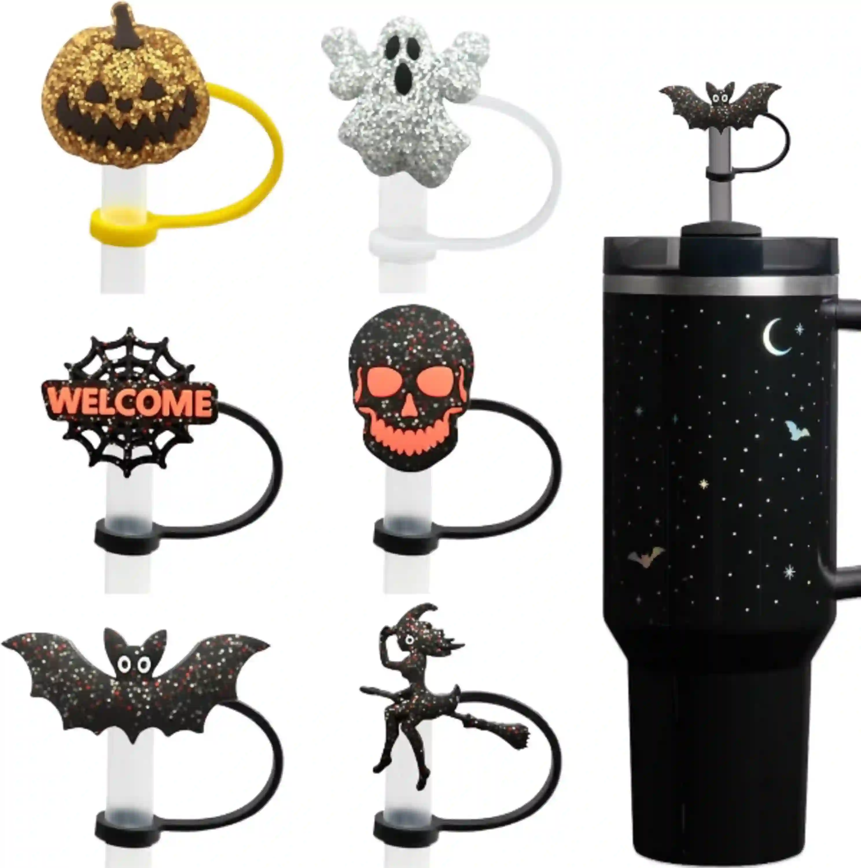 6PCs Glitter Silicone Halloween Straw Toppers Sparkly Covers for 10mm Straw Stanley Cup Accessories