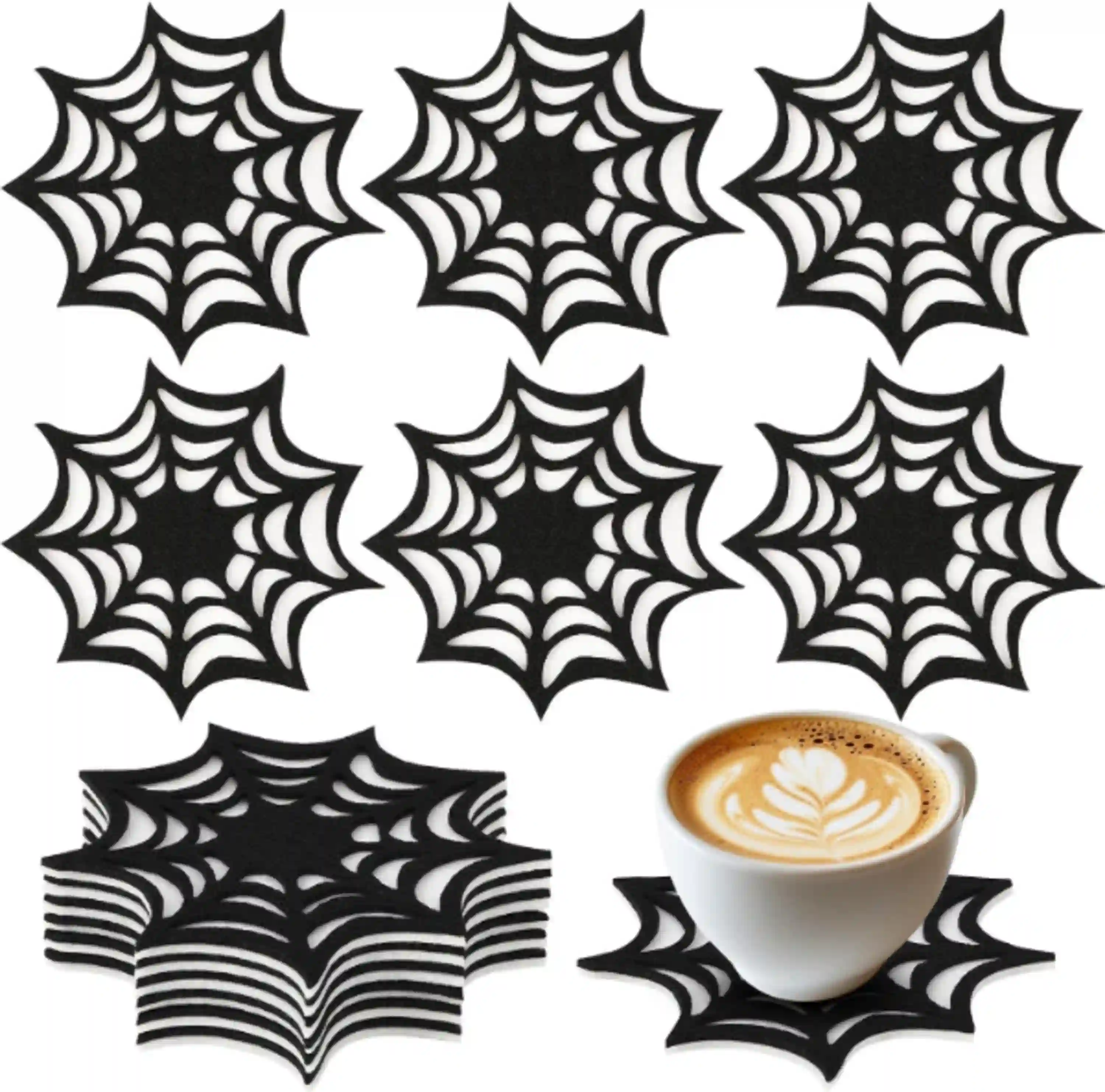 UPINS Halloween Spider Web Coasters Set of 6 Black Double Layer Drink Cup Mats