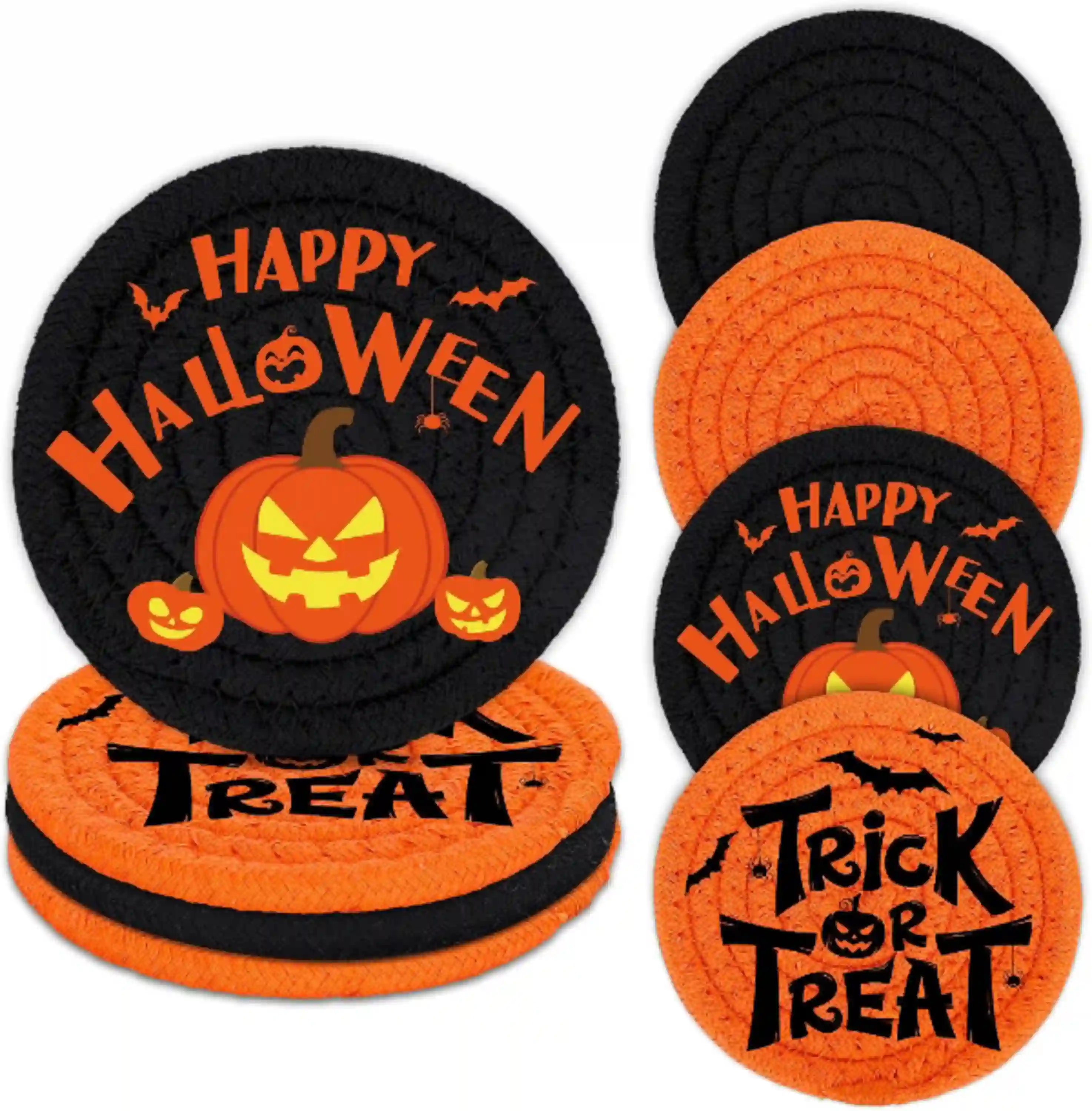 Whaline Happy Halloween Cotton Coasters Black Orange Pumpkin Face Handmade Braided Absorbent Drink Mats