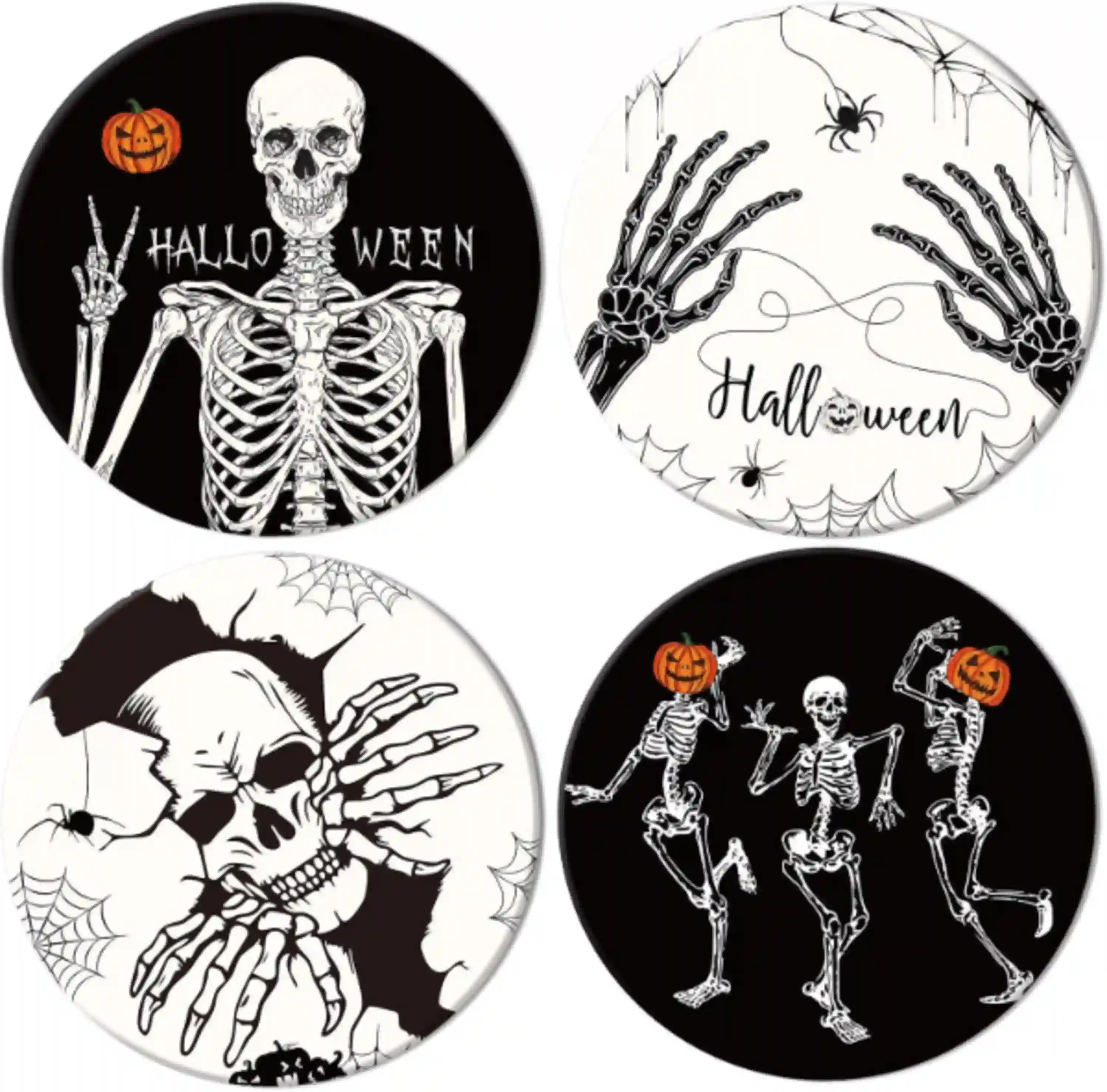 Whaline 4Pcs Halloween Ceramic Coasters Skeleton Pumpkin Absorbent Cup Mat Set for Table Decor