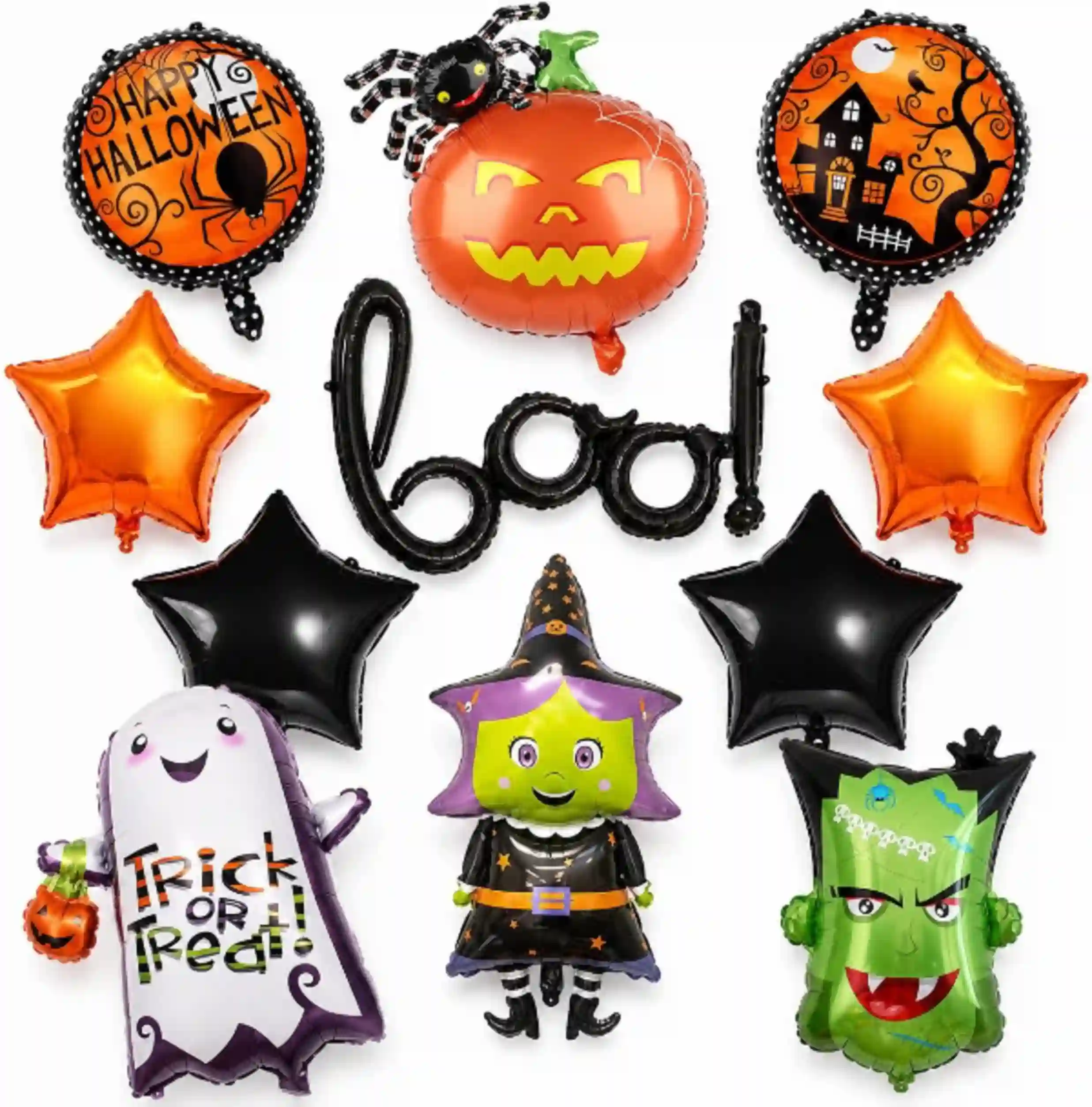 10 Pcs Halloween Boo Foil Balloons Set XXL Ghost Pumpkin Witch Monster Foil Mylar Balloon Kit