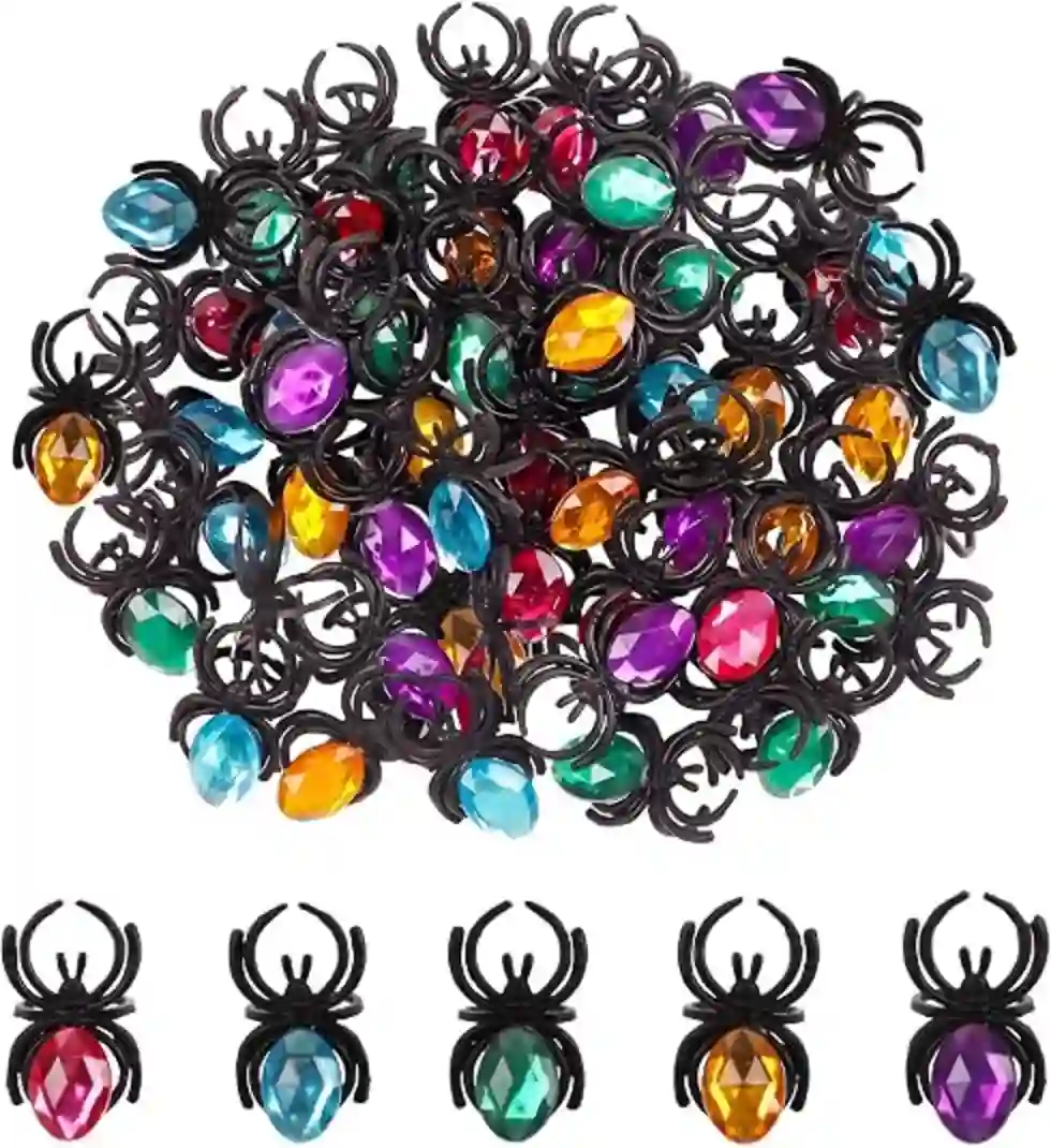 FOIMAS 50pcs Halloween Spider Rings Plastic Adjustable Gem Rings Trick or Treat Party Favors