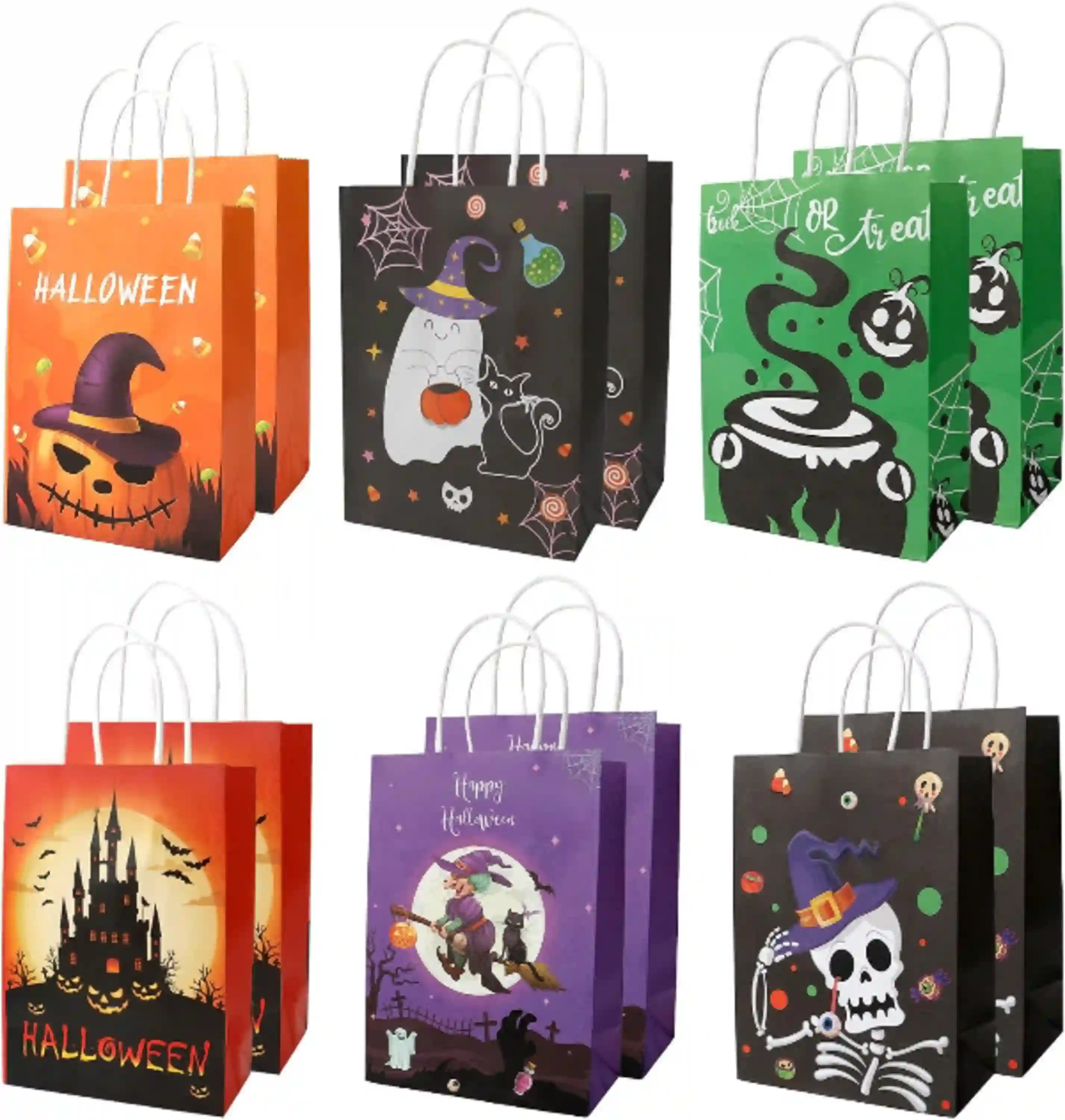 12 PCS Halloween Bags with Handles 6 Styles Paper Bags for Gift Candy Treat Wrap Party Supplies