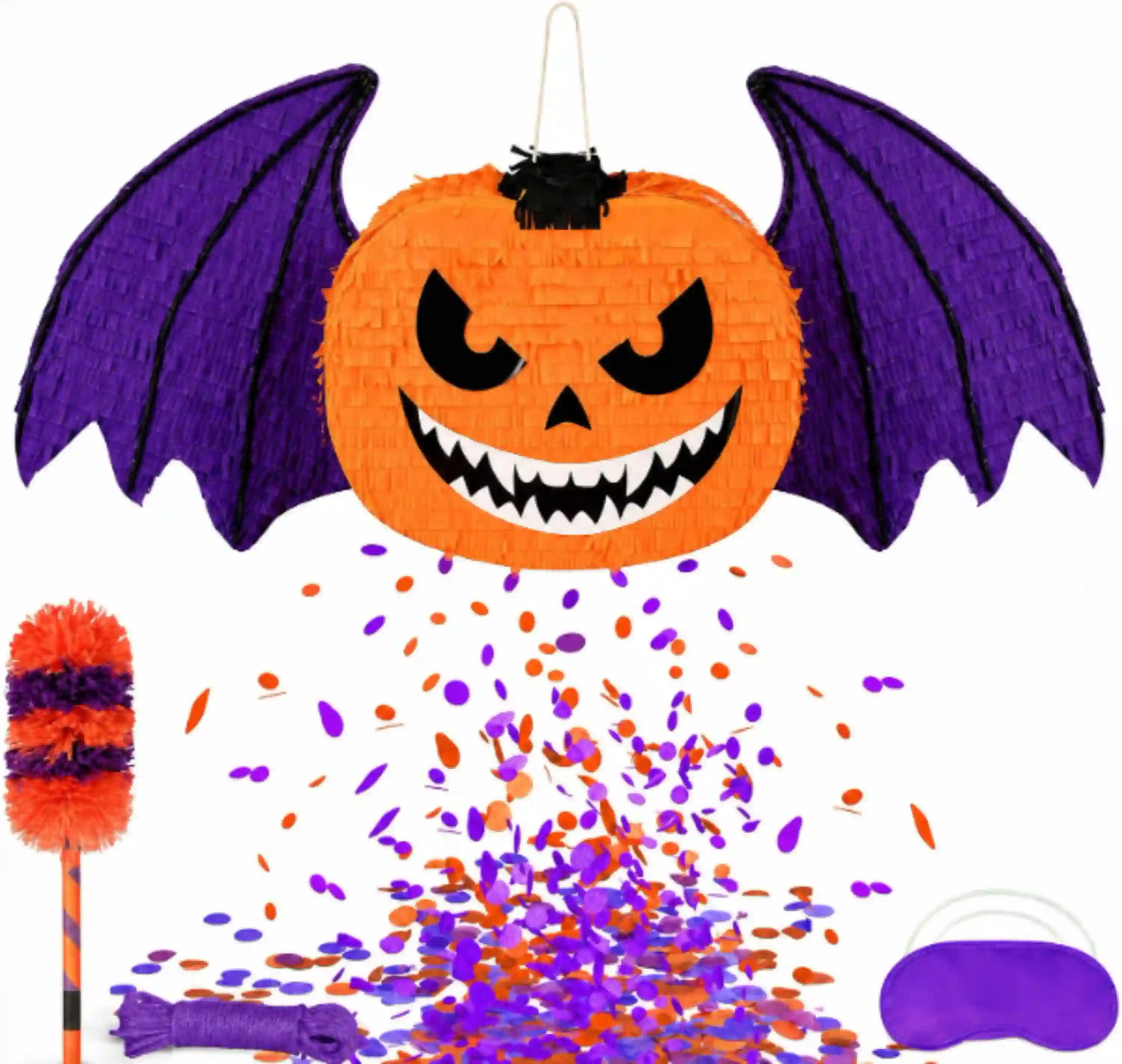Mionyl Halloween Bat Pumpkin Pinata Set with Stick Blindfold Confetti Spooky Jack-o-Lantern with Wings