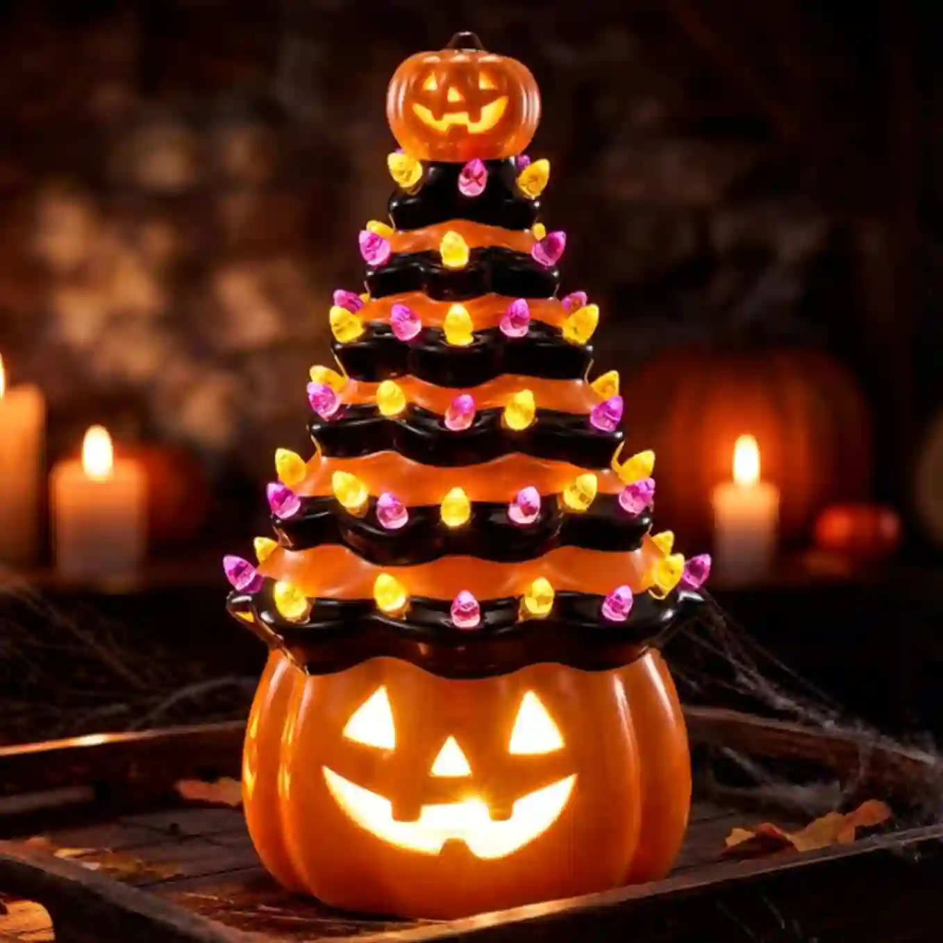JOYIN 8.5 Inch Halloween Orange Pumpkin Ceramic Tree with Multicolor LED Light Bulbs