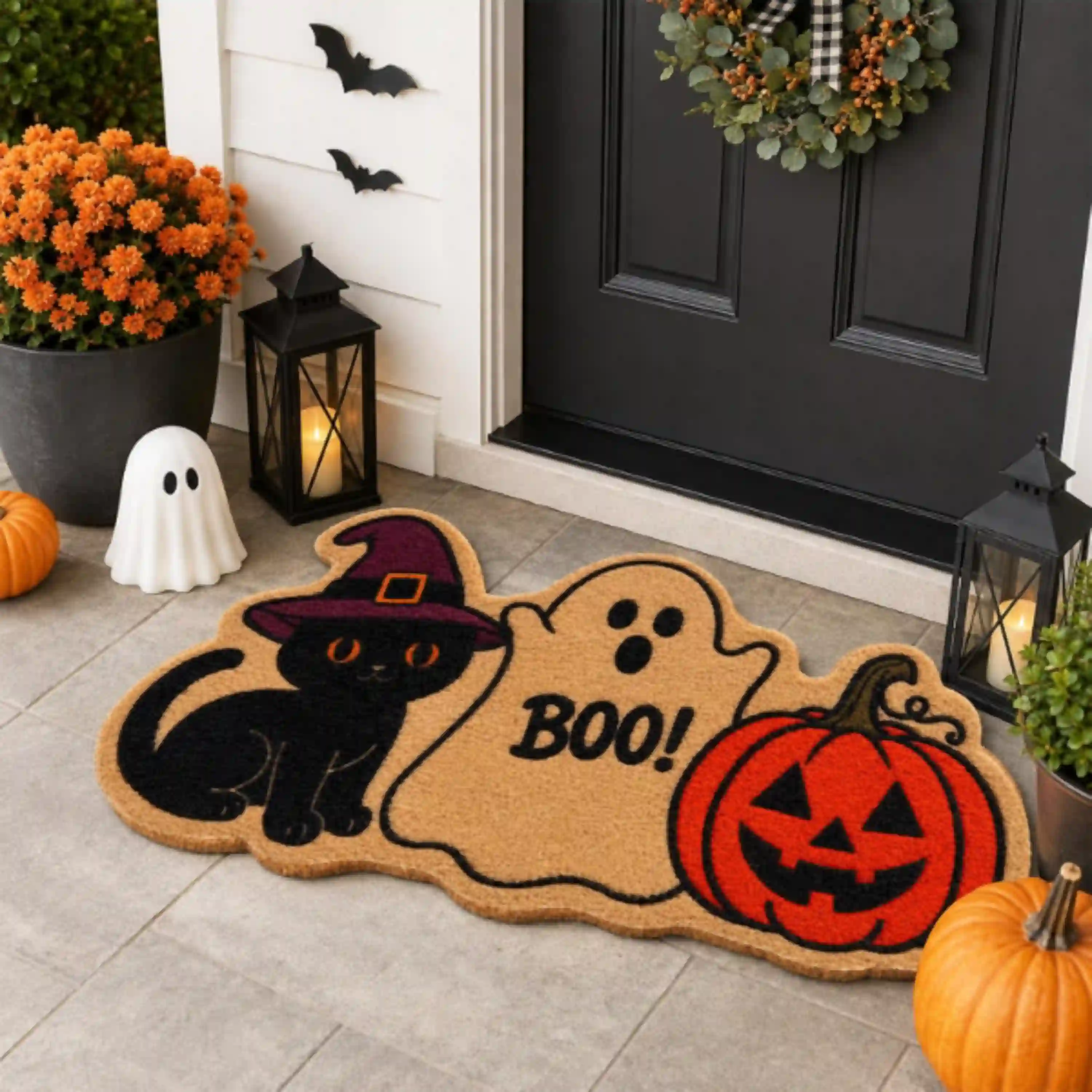 Prewplam Halloween Black Cat Ghost Pumpkin Coir Door Mat Non Slip Welcome Mat
