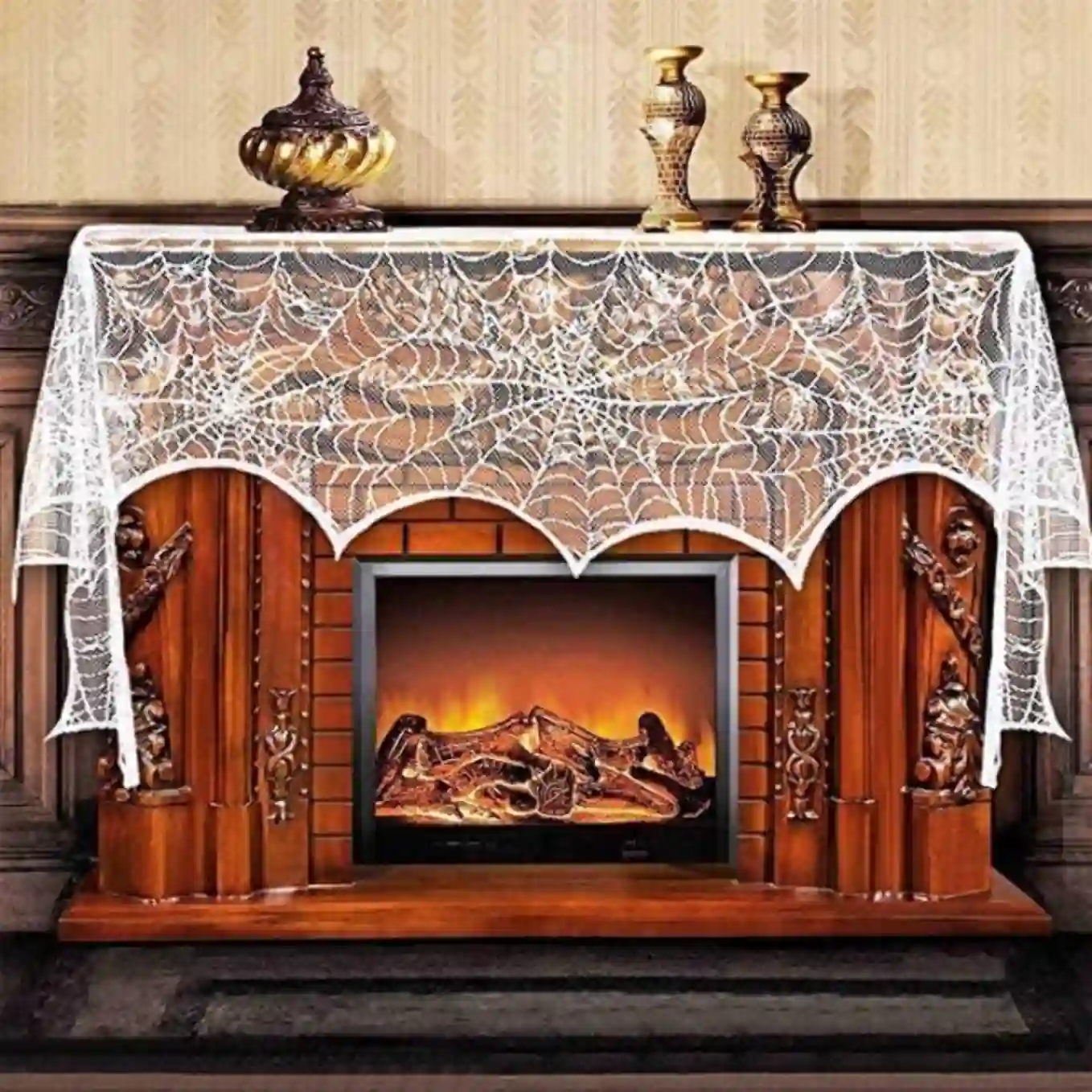AerWo Halloween Fireplace Mantel Scarf White Lace Spiderweb Cover