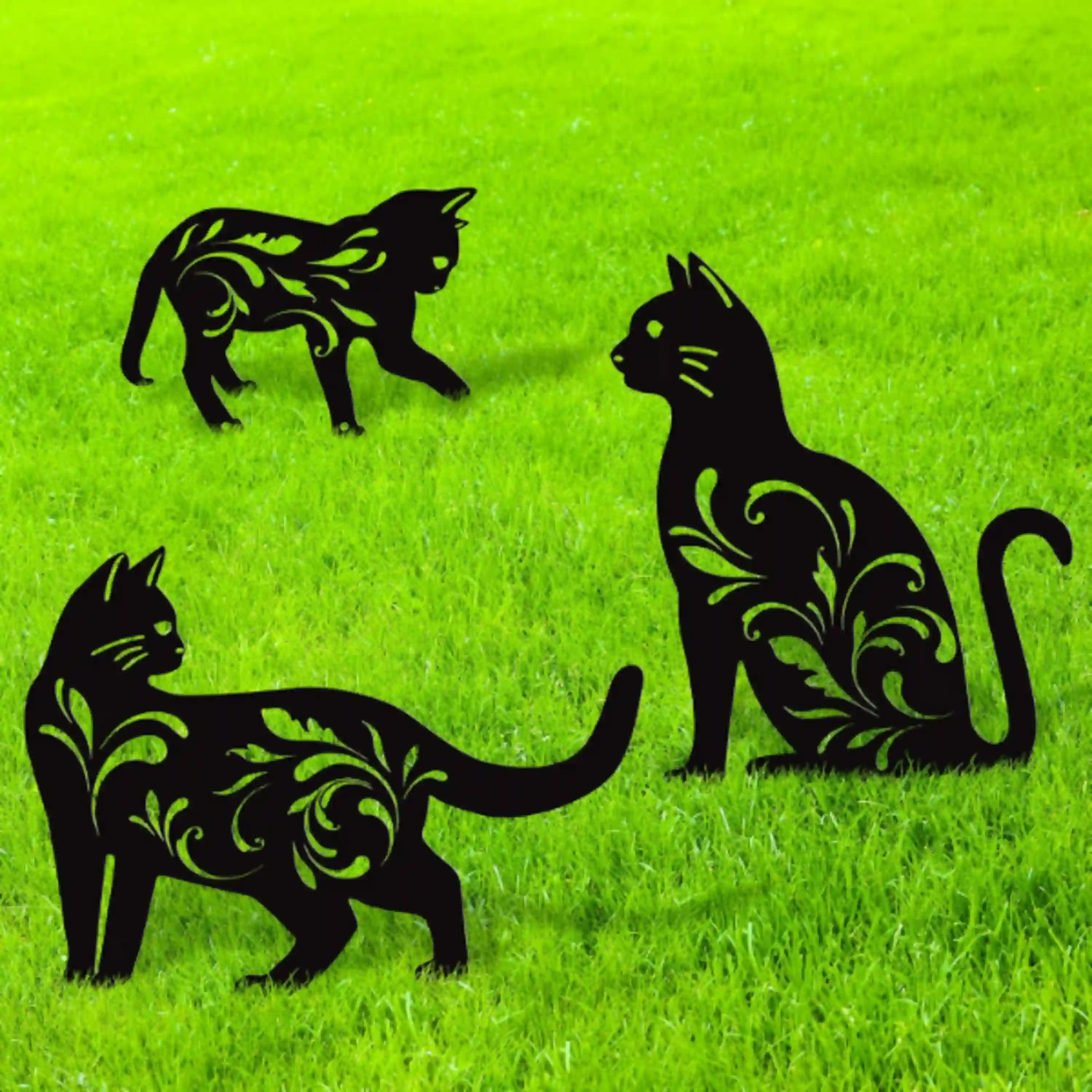 URATOT 3 Pack Metal Cat Garden Statues Black Cat Silhouette Decorative Outdoor Stakes