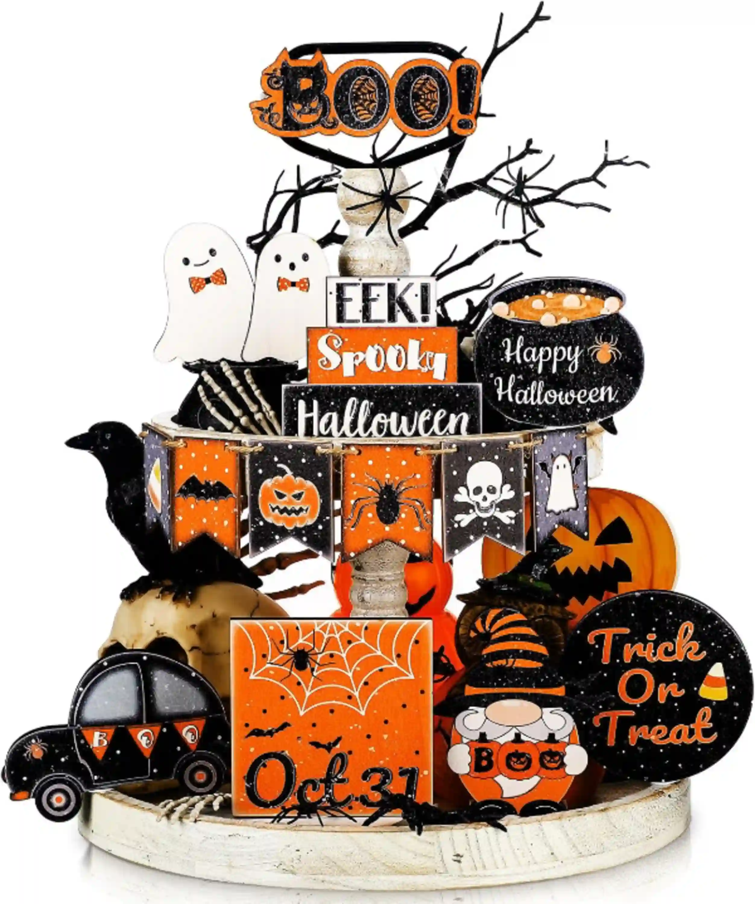 Thyle 15 Pcs Halloween Tiered Tray Decor Set Cute Ghost Wooden Signs