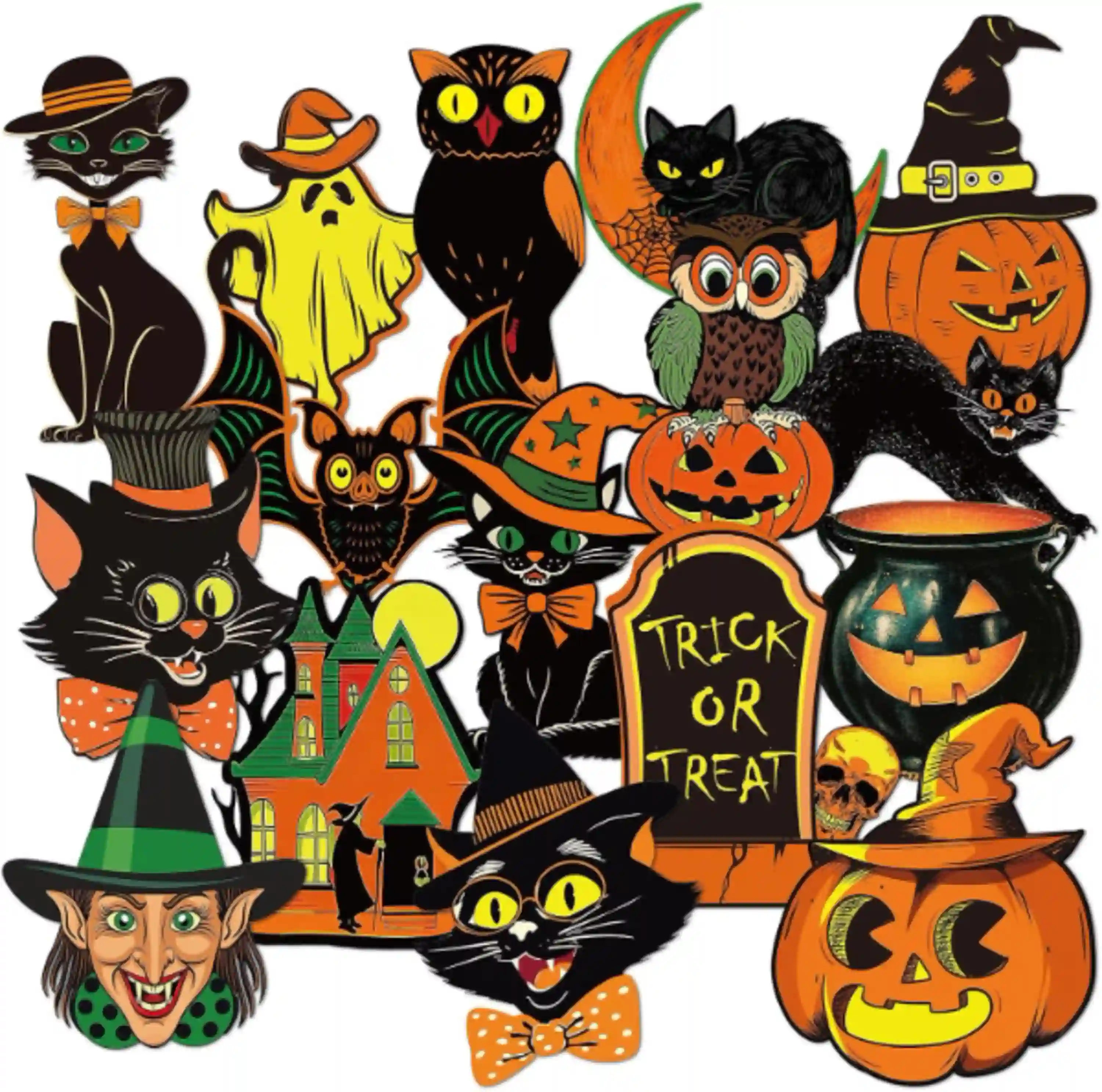 JarThenaAMCS 48 Pcs Vintage Halloween Paper Cutouts Retro Pumpkin Witch Cat Set