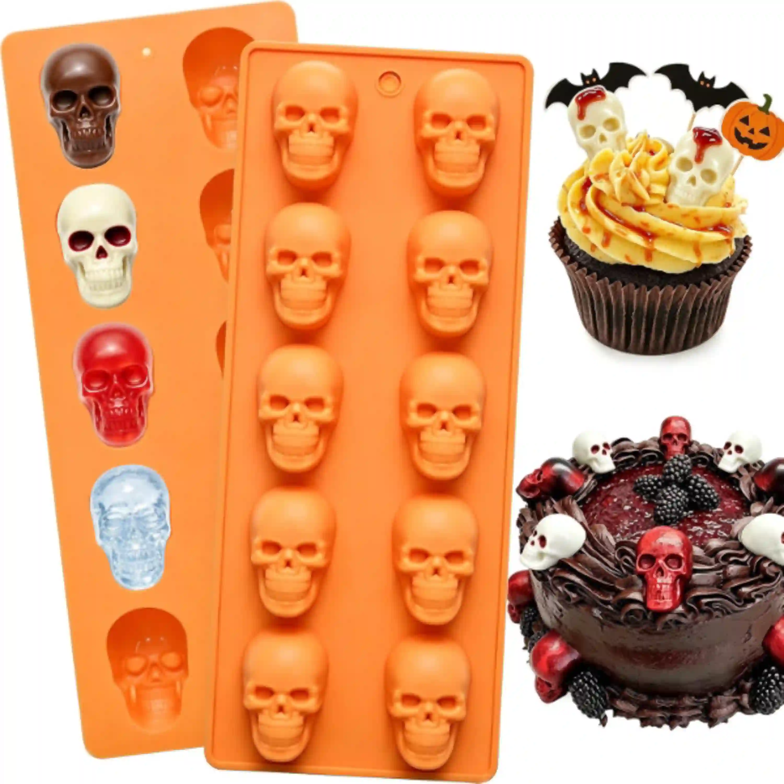 SIQINZONGWA Skull Chocolate Molds 2 Pack Non-Stick Halloween Silicone Candy Mold Set