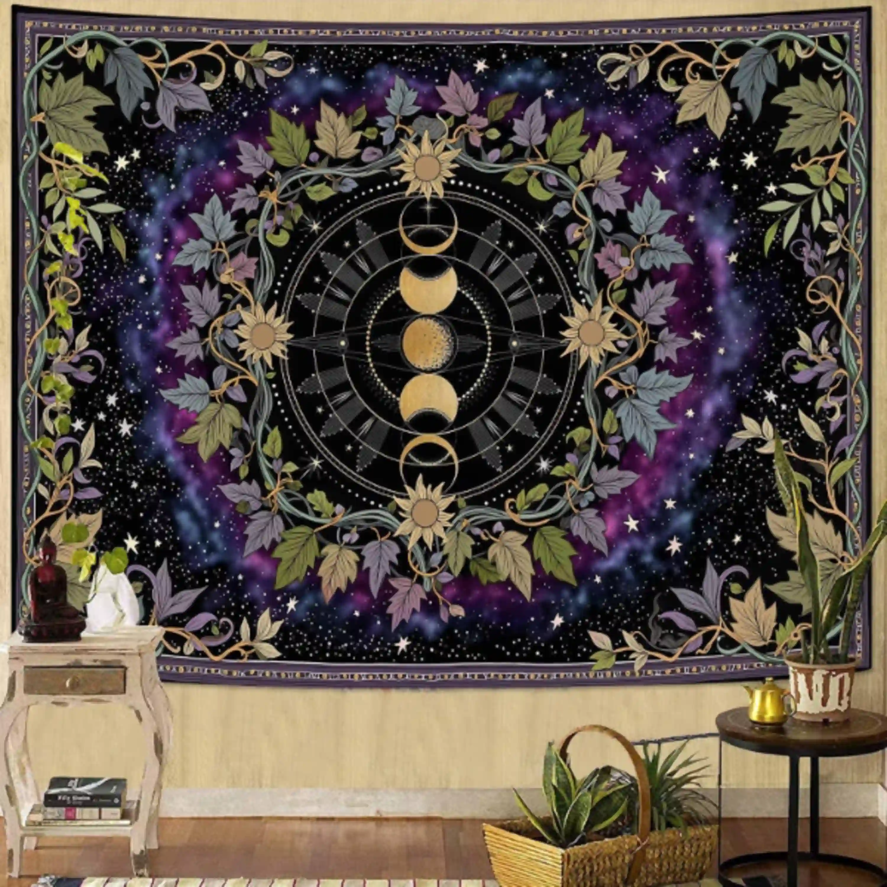 Faxdong Boho Moon Phase Tapestry Aesthetic Celestial Zodiac Starry Nebula Wall Decor