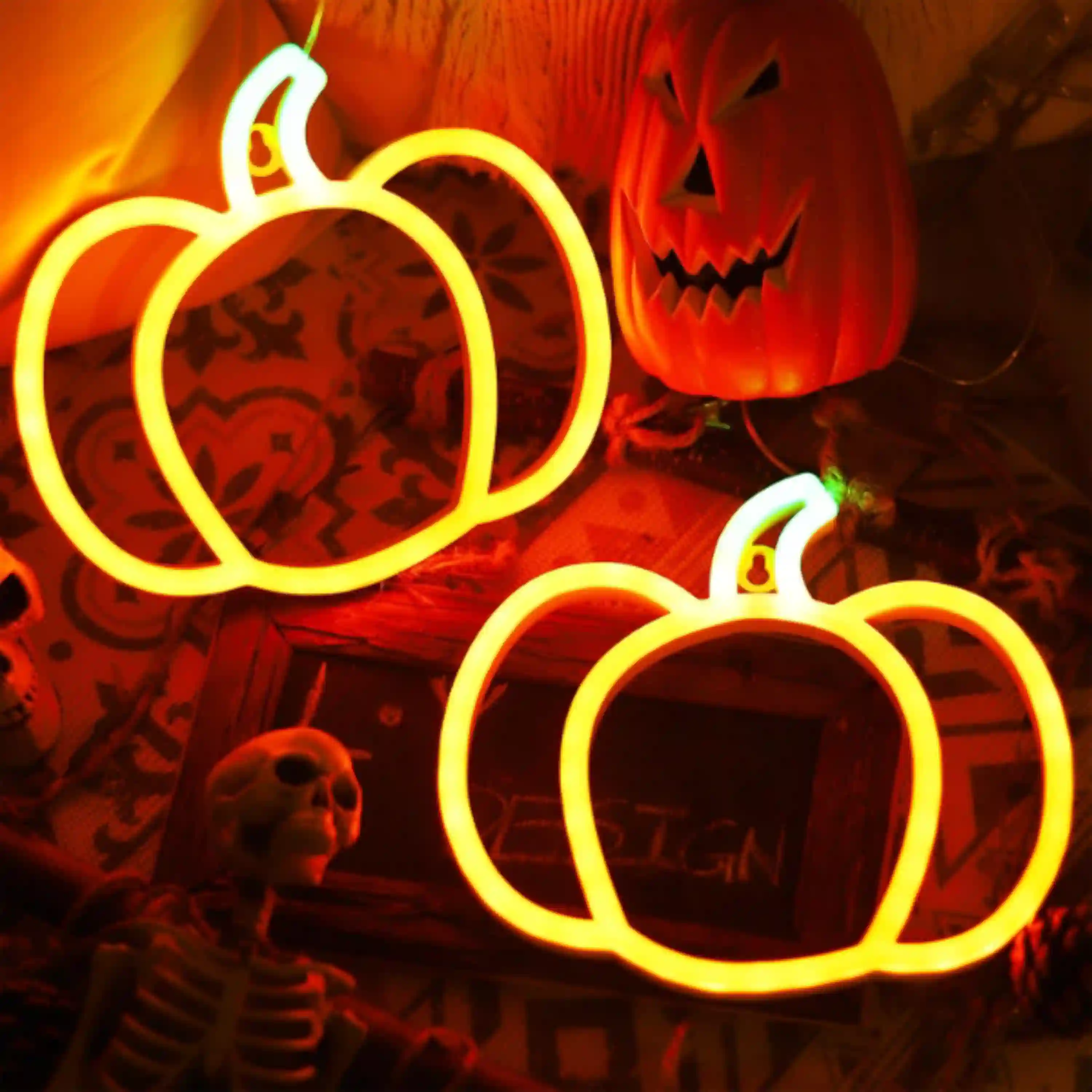 YAOZHOU Pumpkin Neon Signs Light 2 Pack Battery or USB Powered Halloween Fall Autumn Decor