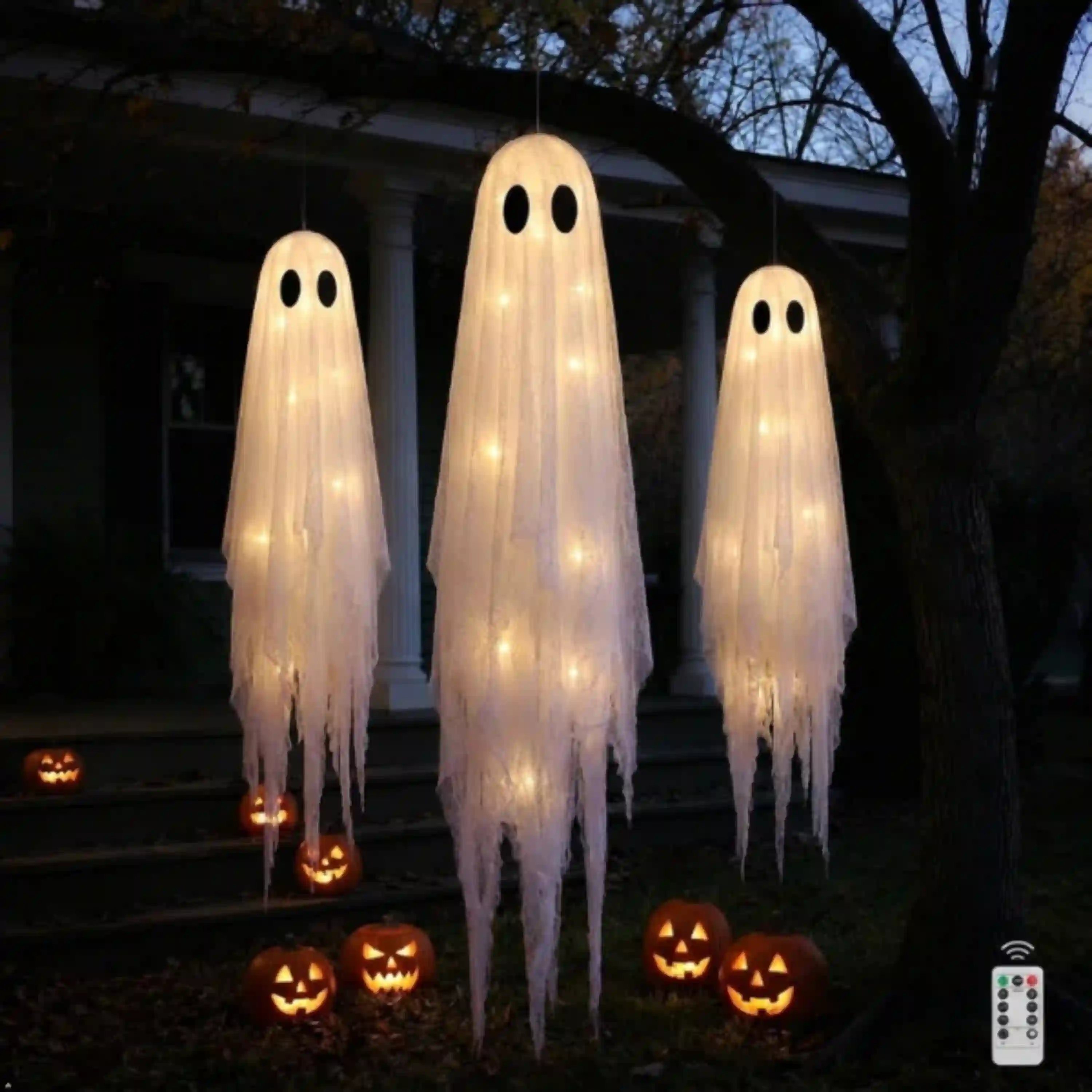 CheerBloom 3 Packs Light Up Hanging Ghost Decor Outdoor Pre Assembled Halloween Set