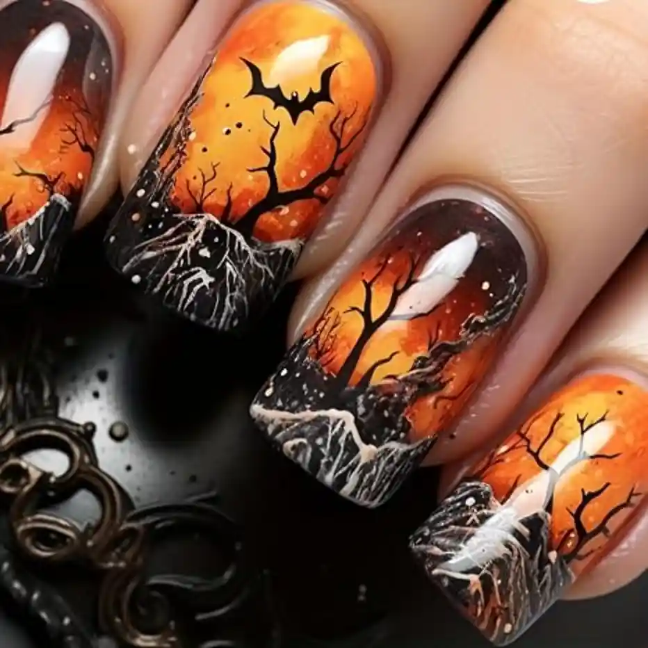 OCOUYVD 24 Pcs Halloween Press On Nails – Short Square Glossy Acrylic Nails with Bat Design