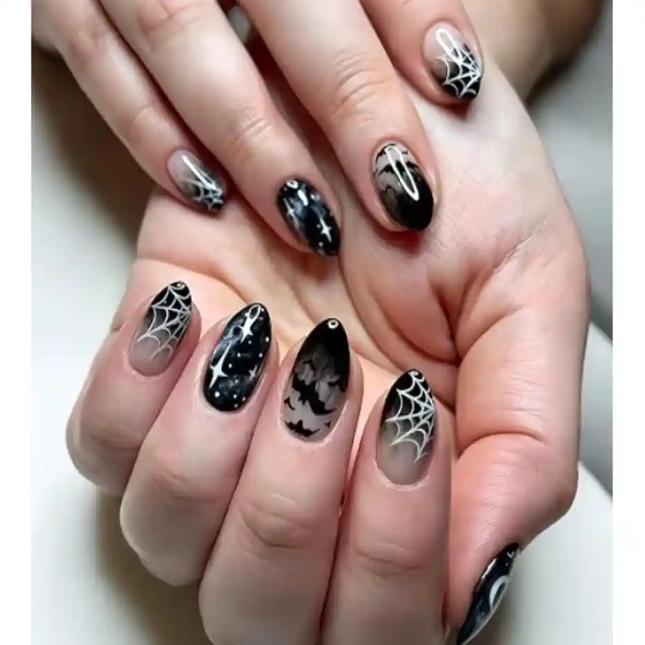 Quezadyl 30Pcs Halloween Almond Short Press-On Nails – Black Ombre French Spider Web & Bat Design