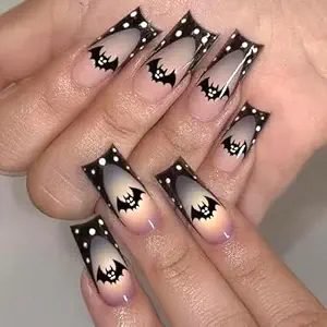 Hdsngclf 24PCS Halloween Long Square Press-On Nails – Black Bat Design & Ombre French Tip Kit