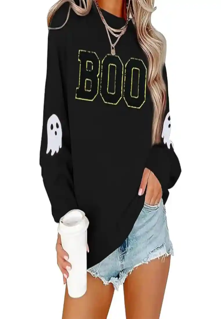 BINLANHANAT Women's Halloween "BOO" Ghost Chenille Patch Sweatshirt