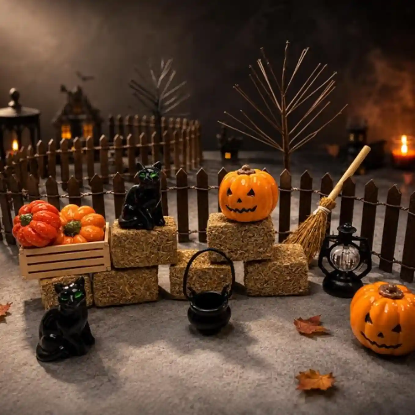 FestiVex 18Pcs Halloween Village Fairy Garden Decor Miniatures Accessory Set – Black Cat & Spooky Village Collection