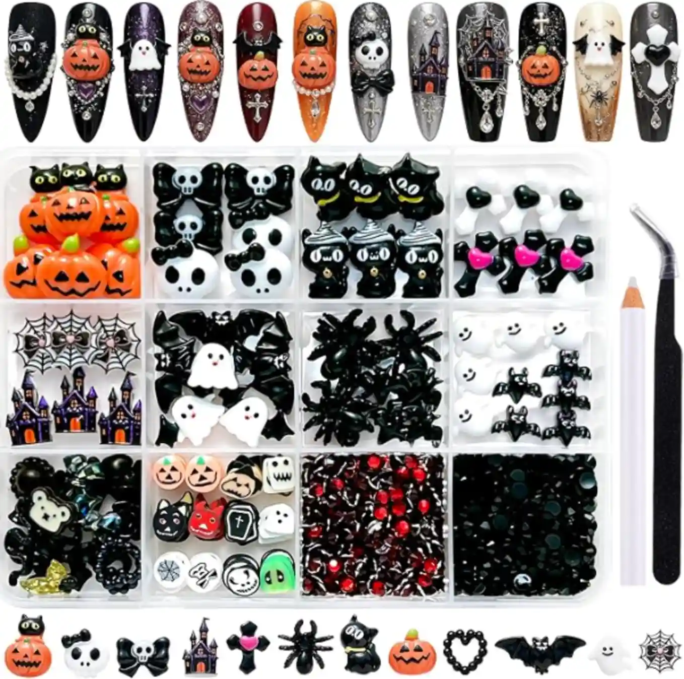 LERBOU 12 Grids Halloween Nail Charms Kit – 3D Gothic Flatback Pumpkin, Ghost & Dark Punk Art Set