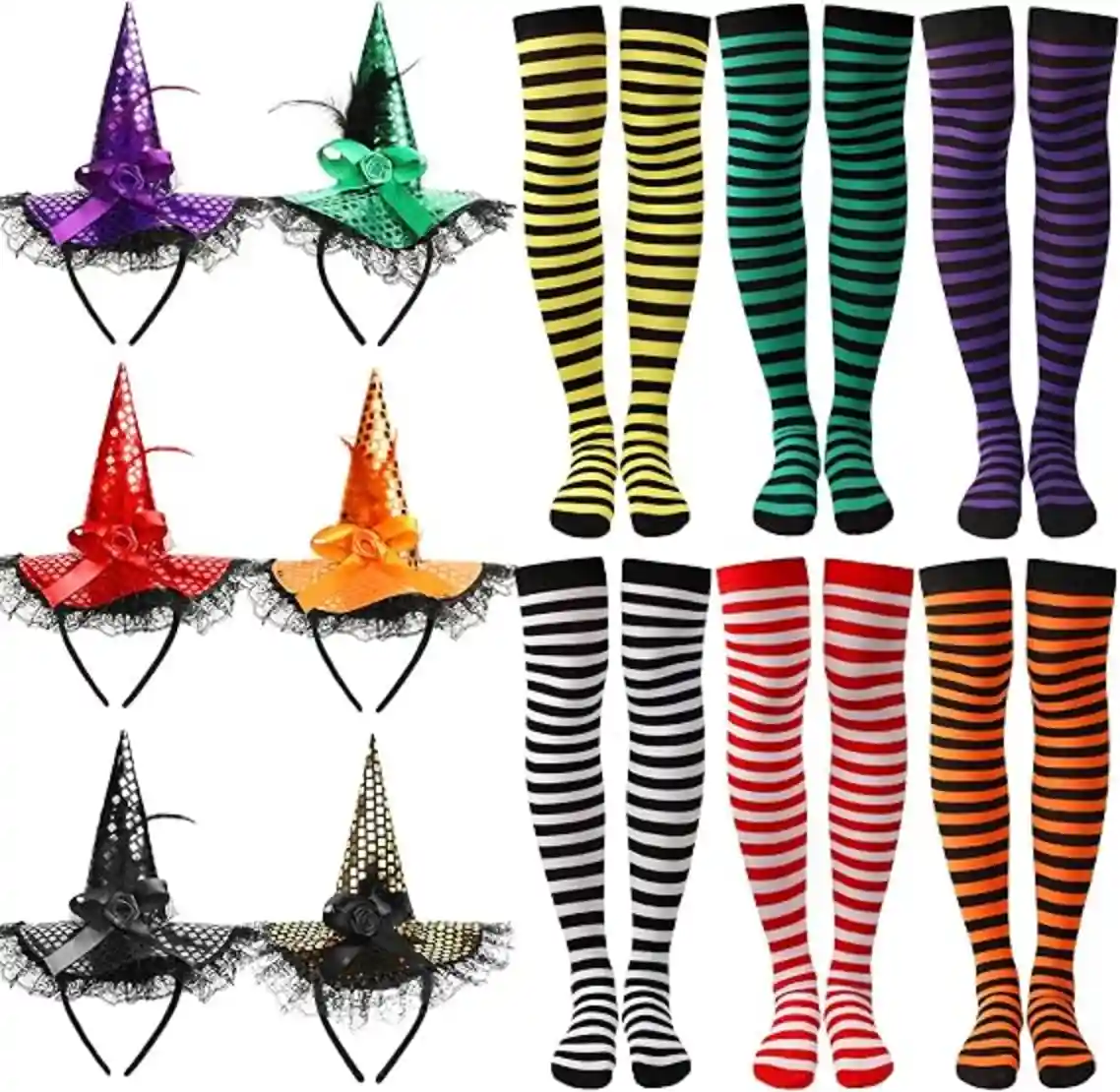 SATINIOR 6 Pieces Halloween Witch Hat Headband & Striped Over Knee Socks Set – Cosplay Accessory Kit