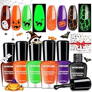 Morovan Halloween Nail Polish Set – Black Crackle, Pumpkin Orange & Glow in the Dark Neon Green Kit with Nail Stickers