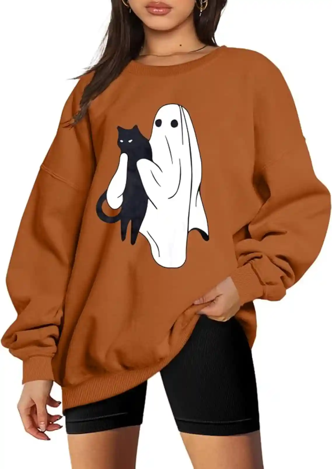 UNIQUEONE Halloween Sweatshirts for Women – Black Cat & Ghost Spooky Era Shirt