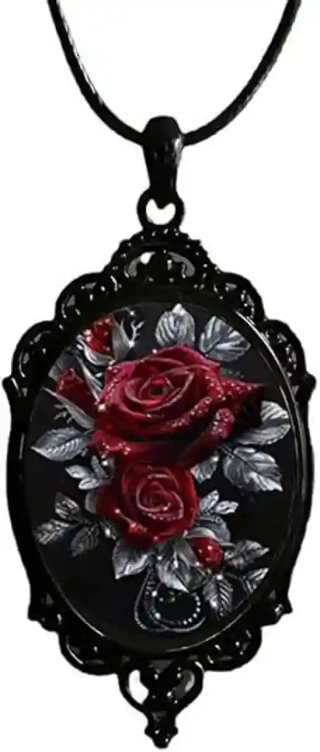Gothic Rose Glass Necklace for Women – Vintage Satan Demon & Rose Pendant