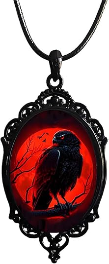 Gothic Glass Pendant Necklace for Women – Vintage Rope Chain Witch Raven Choker