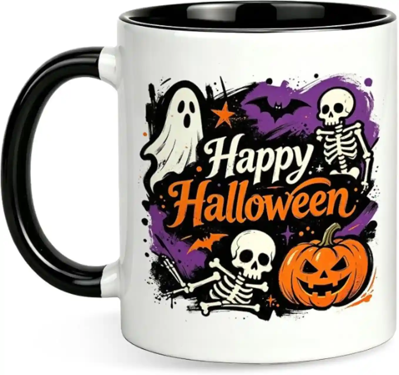 Halloween Coffee Mug – Spooky Ghost Skeleton Pumpkin Cute Porcelain Cup (11 oz)