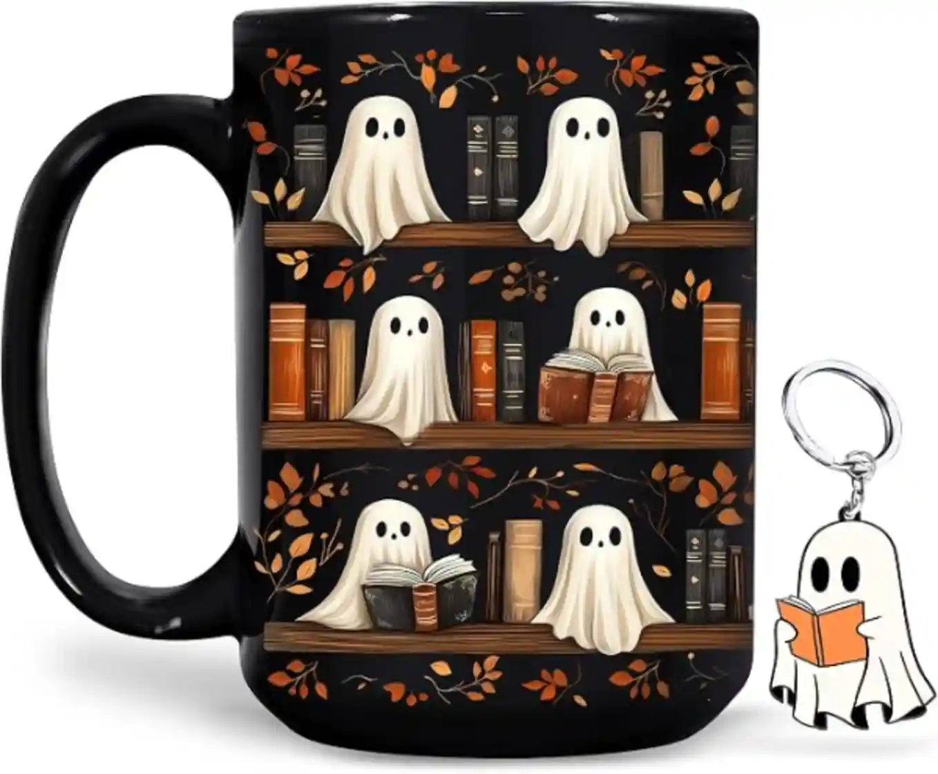 Hyturtle Cute Ghost Read Book 15 Oz Ceramic Mug and Keychain Set