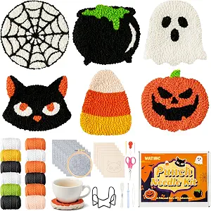 WATINC 23Pcs Halloween Punch Needle Coaster Kit – Beginner DIY Craft Set with Holder (Orange)