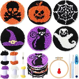 Yaomiao 12Pcs Halloween Punch Needle Coaster Kit – Beginner DIY Embroidery Set with Holder